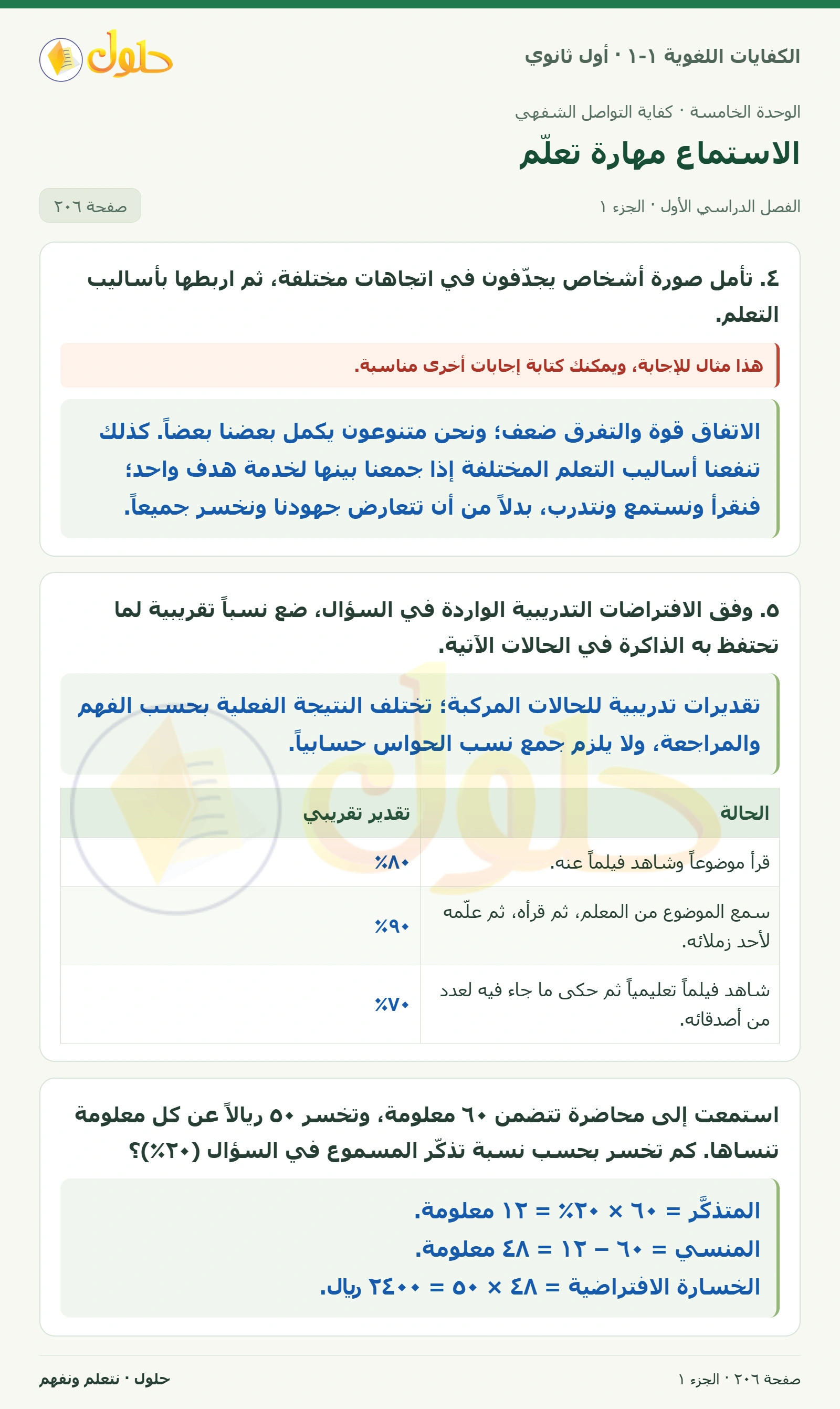 الاستماع مهارة تعلّم صفحة ٢٠٦ من كتاب الكفايات اللغوية ١-١ لأول ثانوي