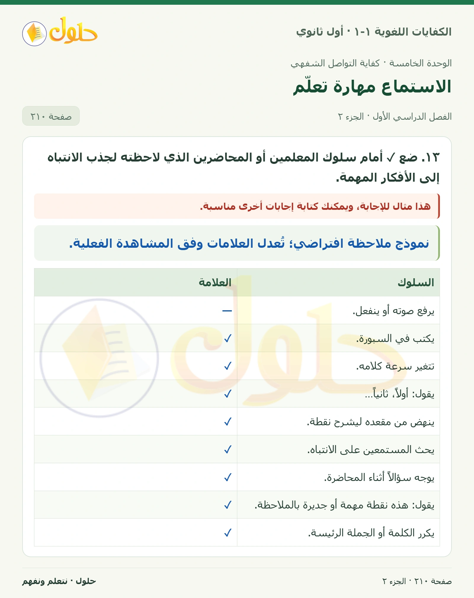 الاستماع مهارة تعلّم صفحة ٢١٠ من كتاب الكفايات اللغوية ١-١ لأول ثانوي