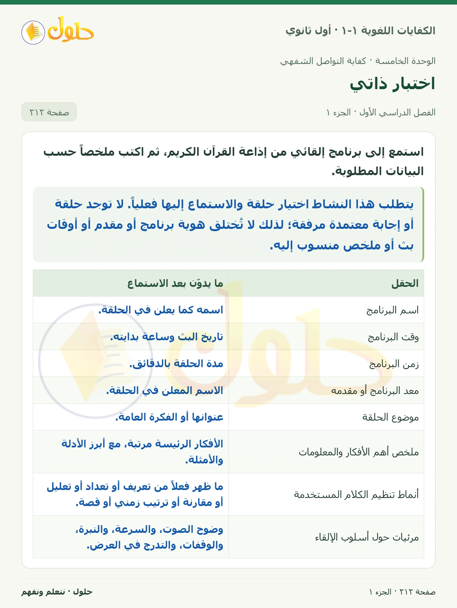 اختبار ذاتي صفحة ٢١٢ من كتاب الكفايات اللغوية ١-١ لأول ثانوي