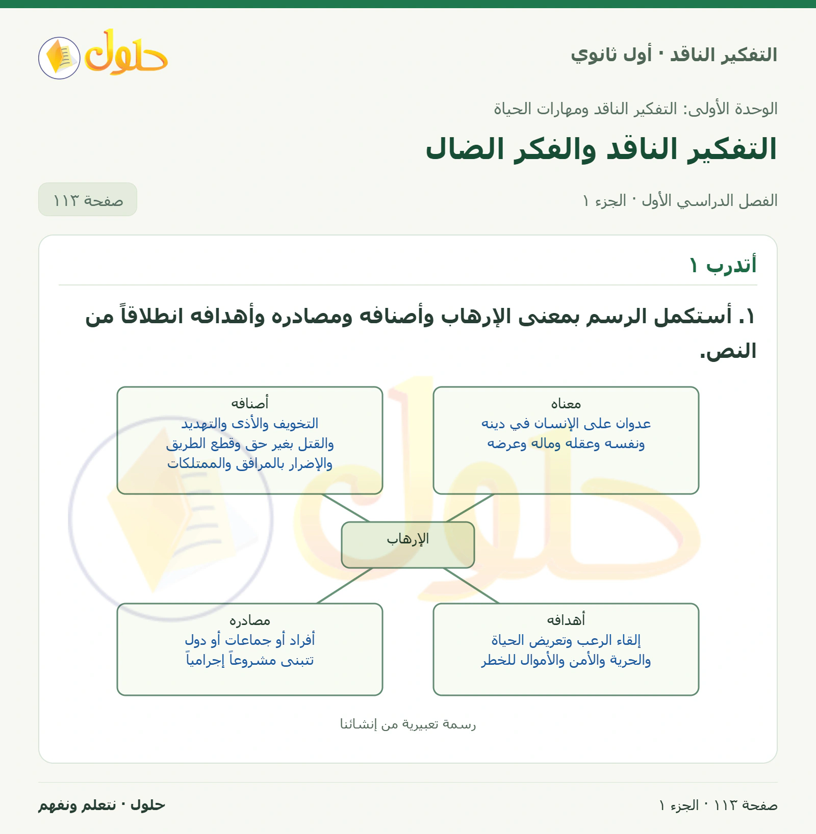 أتدرب ١ صفحة ١١٣، الجزء ١، التفكير الناقد للصف الأول الثانوي