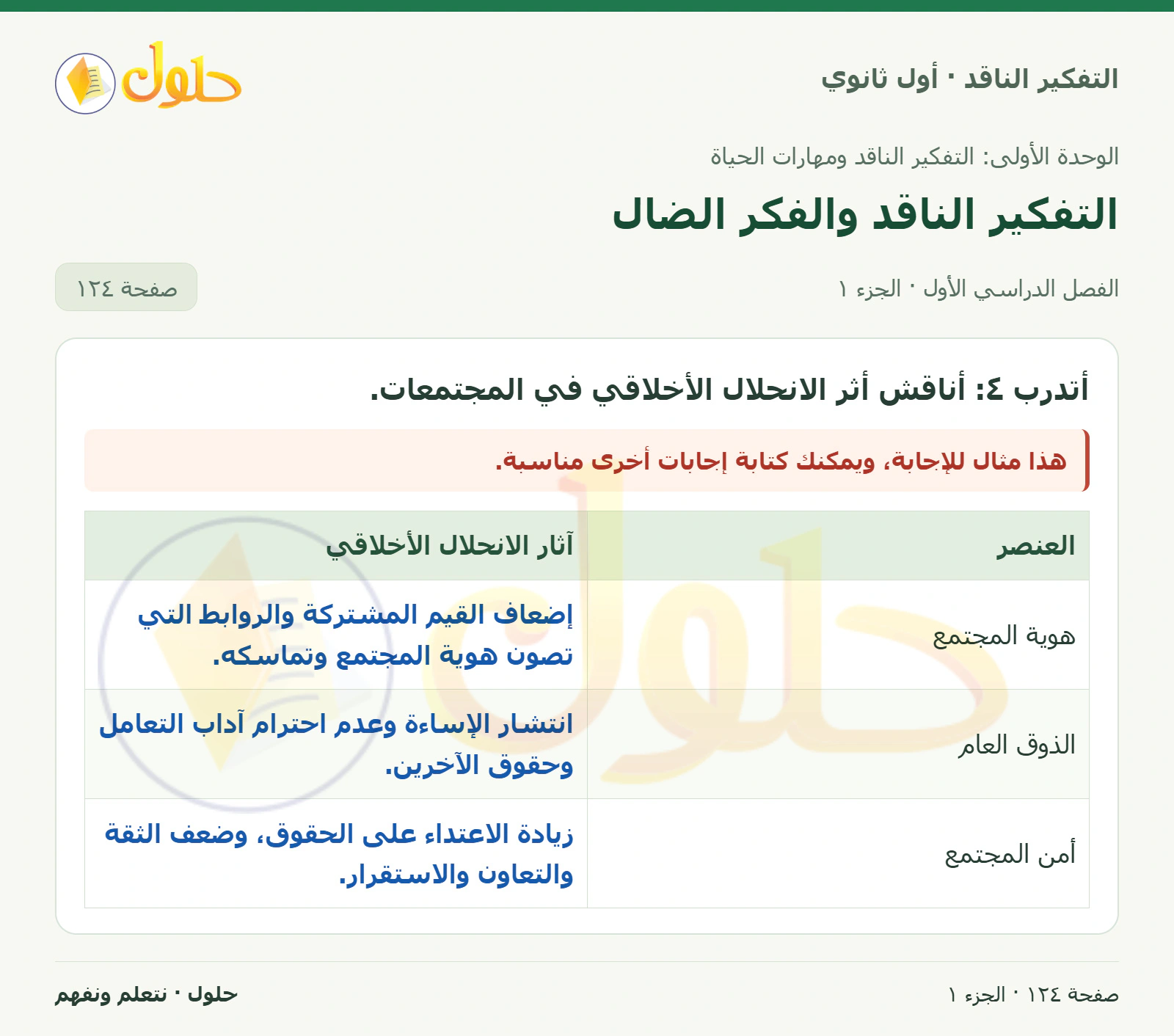 أتدرب صفحة ١٢٤، الجزء ١، التفكير الناقد للصف الأول الثانوي