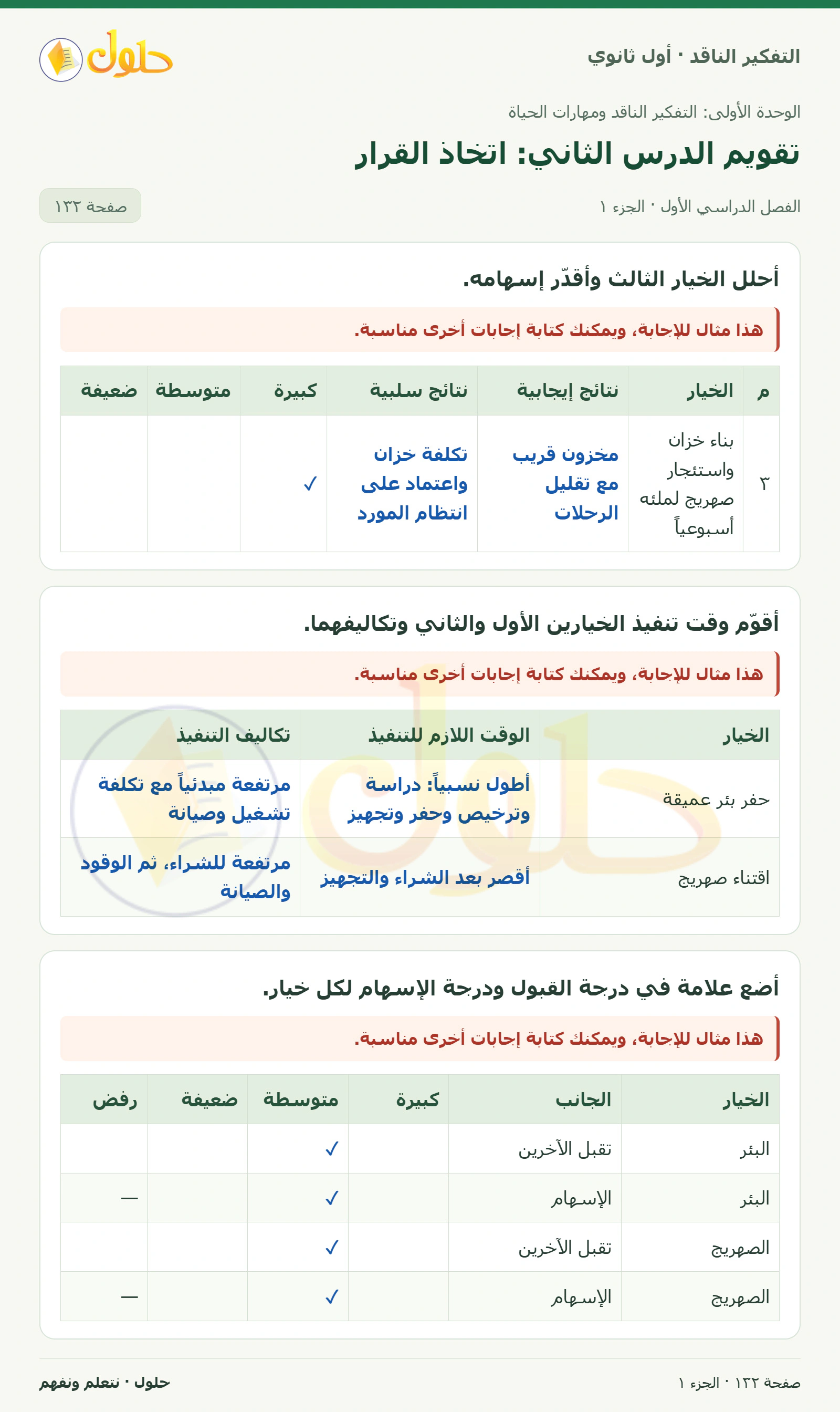 تقويم الوحدة صفحة ١٣٢، الجزء ١، التفكير الناقد للصف الأول الثانوي