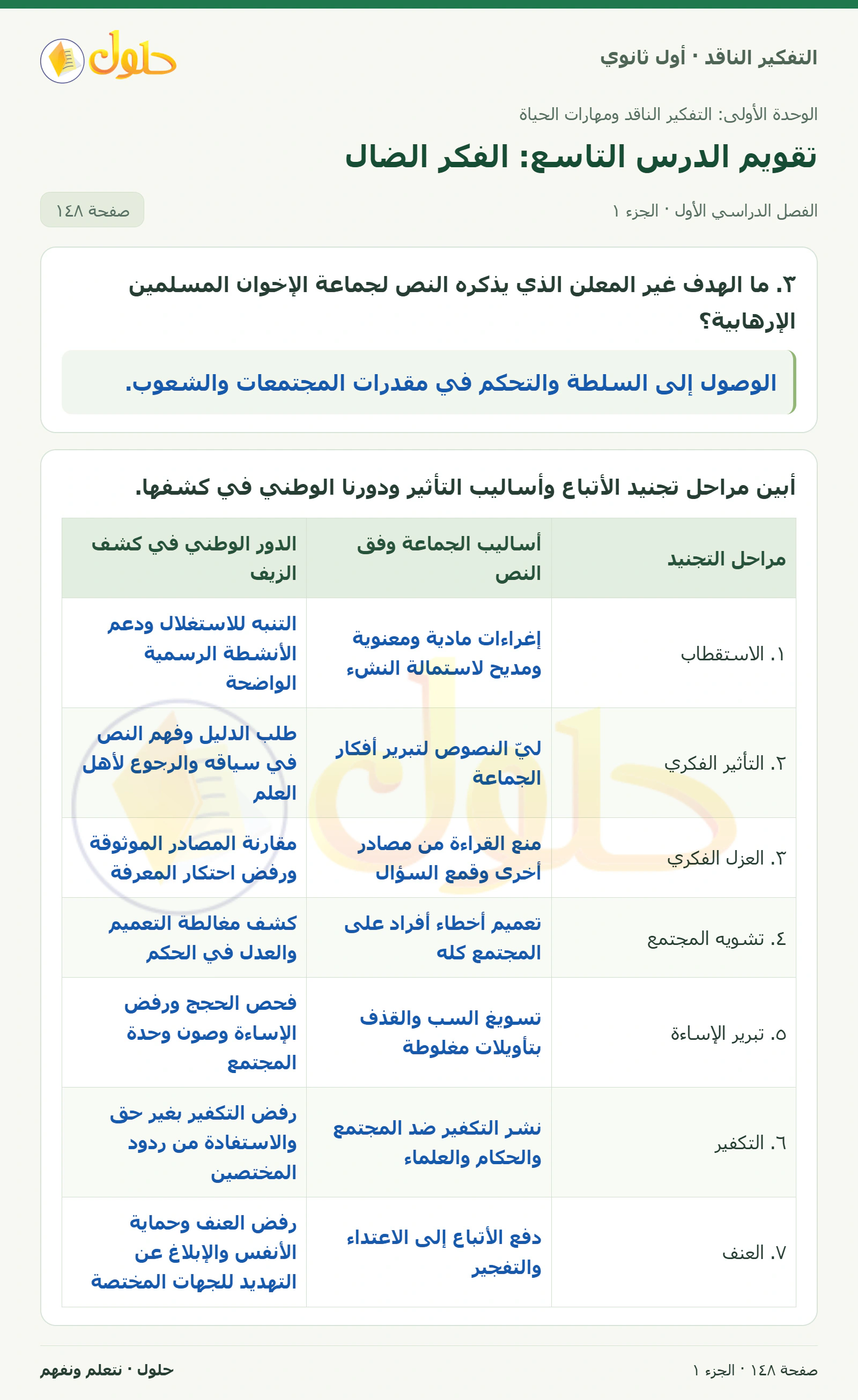 تقويم الوحدة صفحة ١٤٨، الجزء ١، التفكير الناقد للصف الأول الثانوي