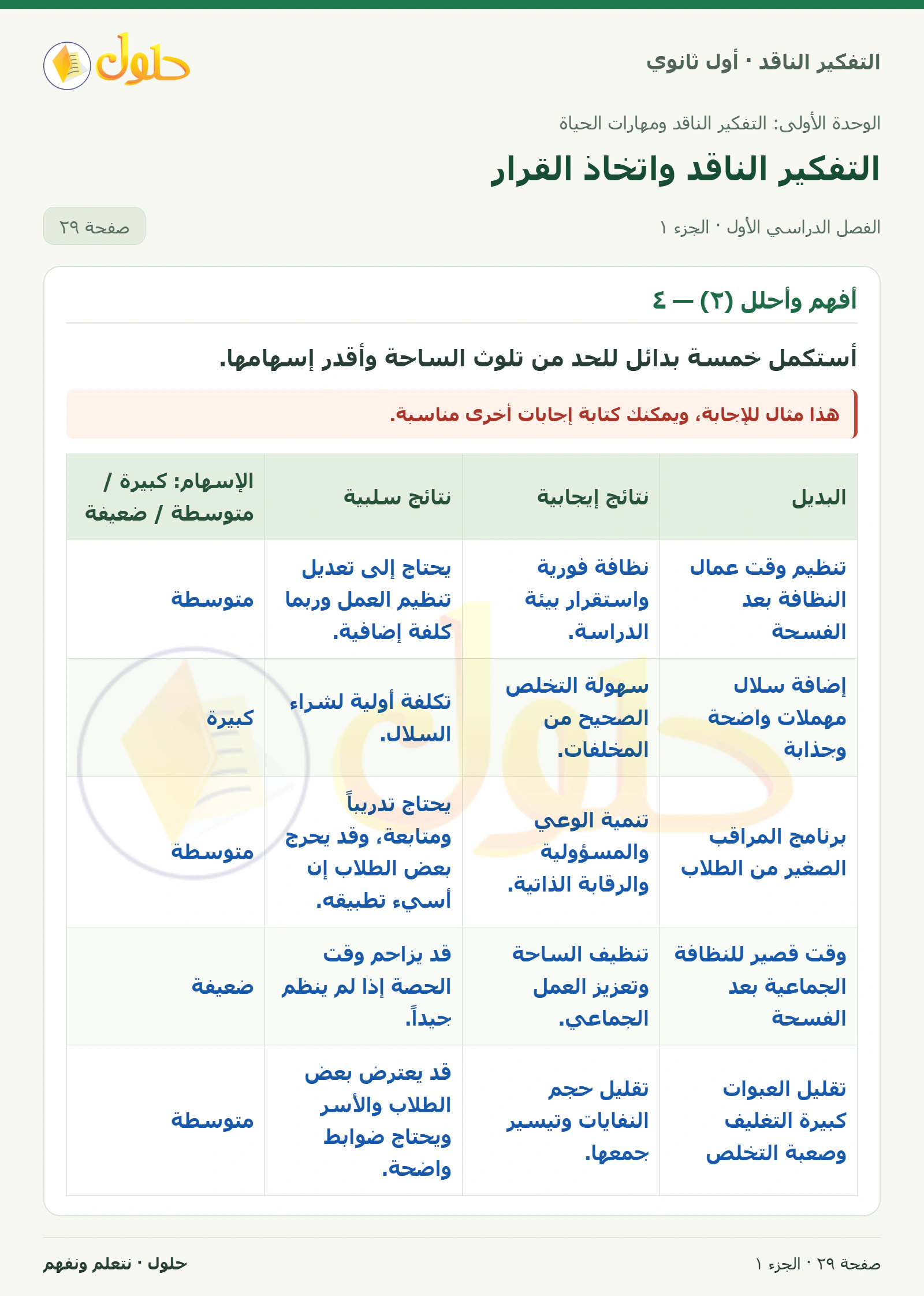 أفهم وأحلل (٢) — ٤ صفحة ٢٩، الجزء ١، التفكير الناقد للصف الأول الثانوي
