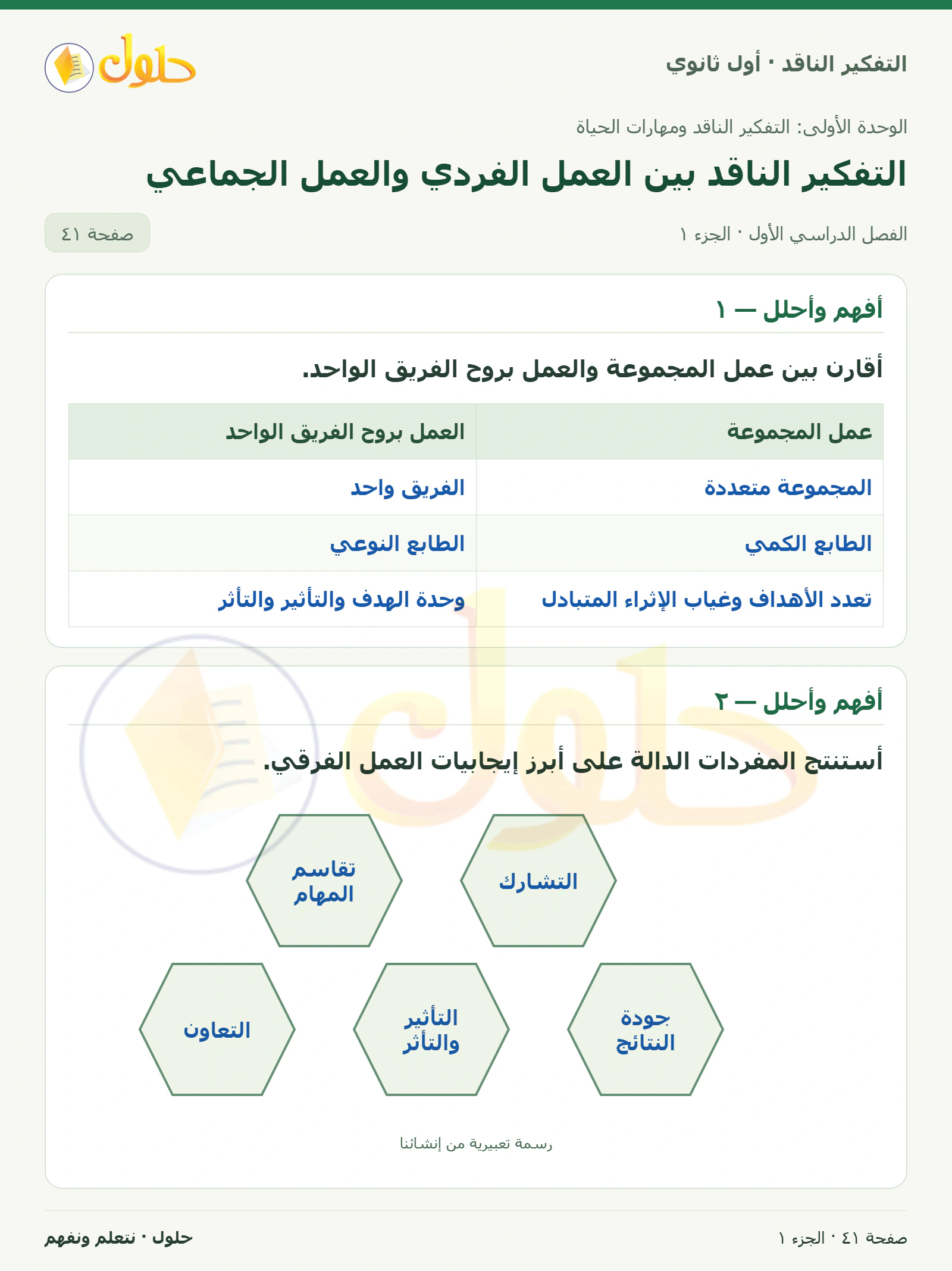 أفهم وأحلل — ١ صفحة ٤١، الجزء ١، التفكير الناقد للصف الأول الثانوي