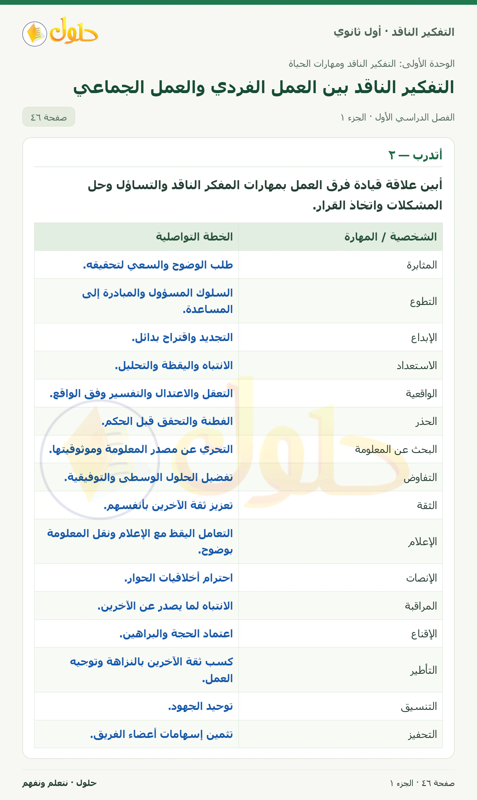 أتدرب — ٢ صفحة ٤٦، الجزء ١، التفكير الناقد للصف الأول الثانوي