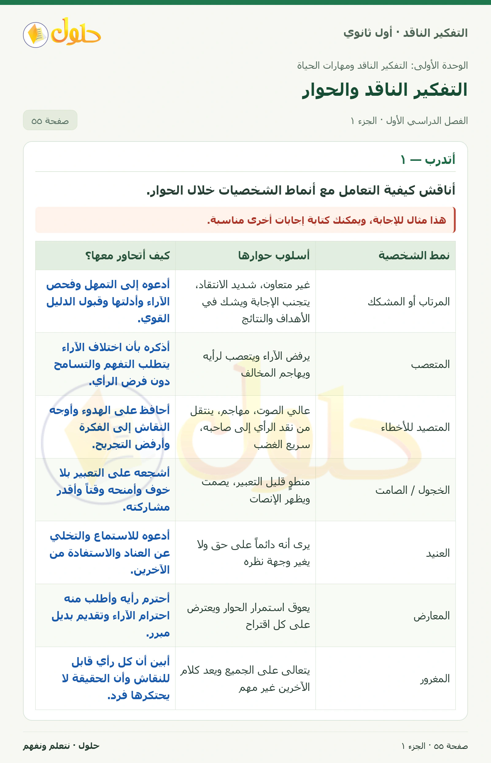 أتدرب — ١ صفحة ٥٥، الجزء ١، التفكير الناقد للصف الأول الثانوي