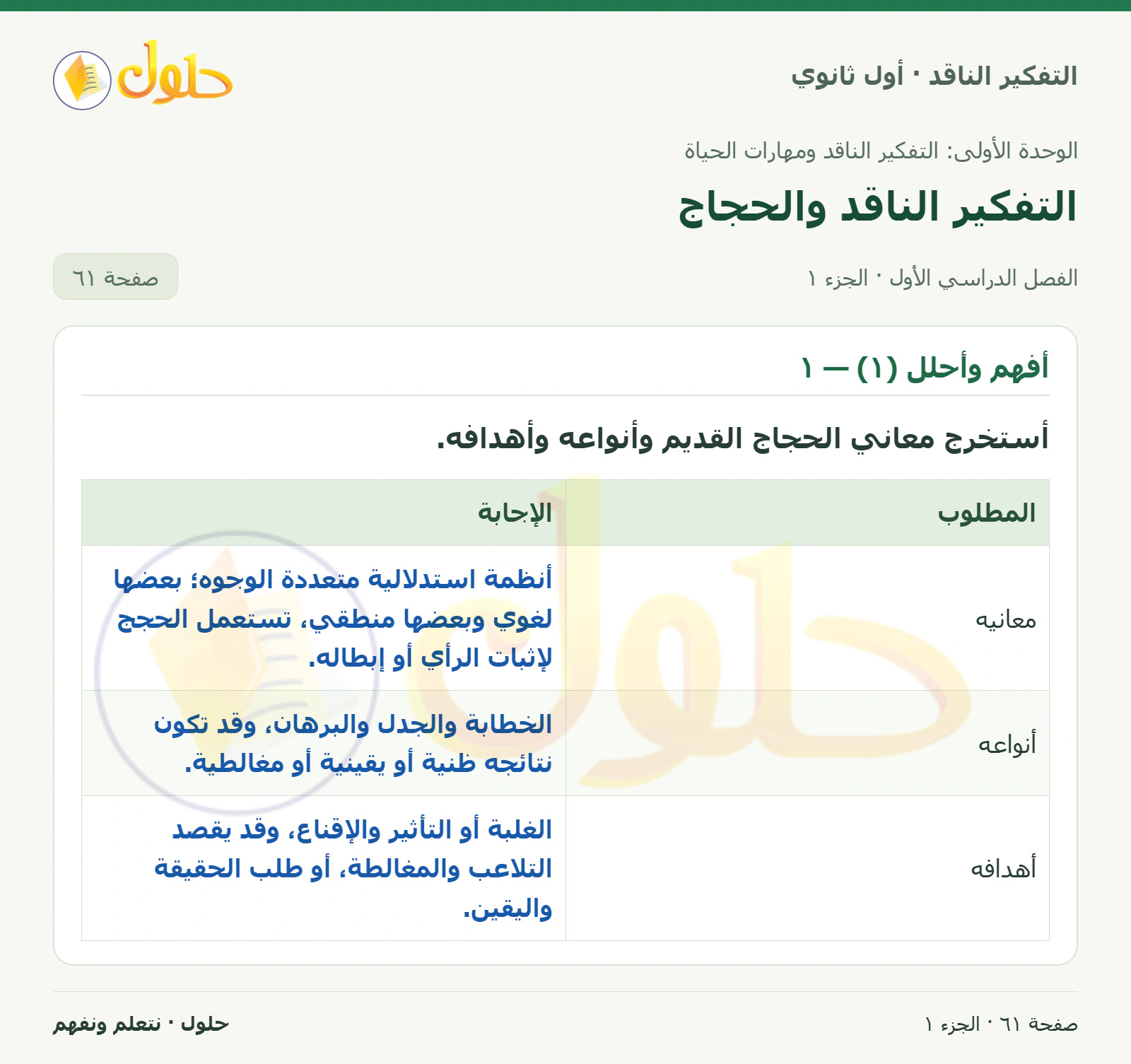 أفهم وأحلل (١) — ١ صفحة ٦١، الجزء ١، التفكير الناقد للصف الأول الثانوي