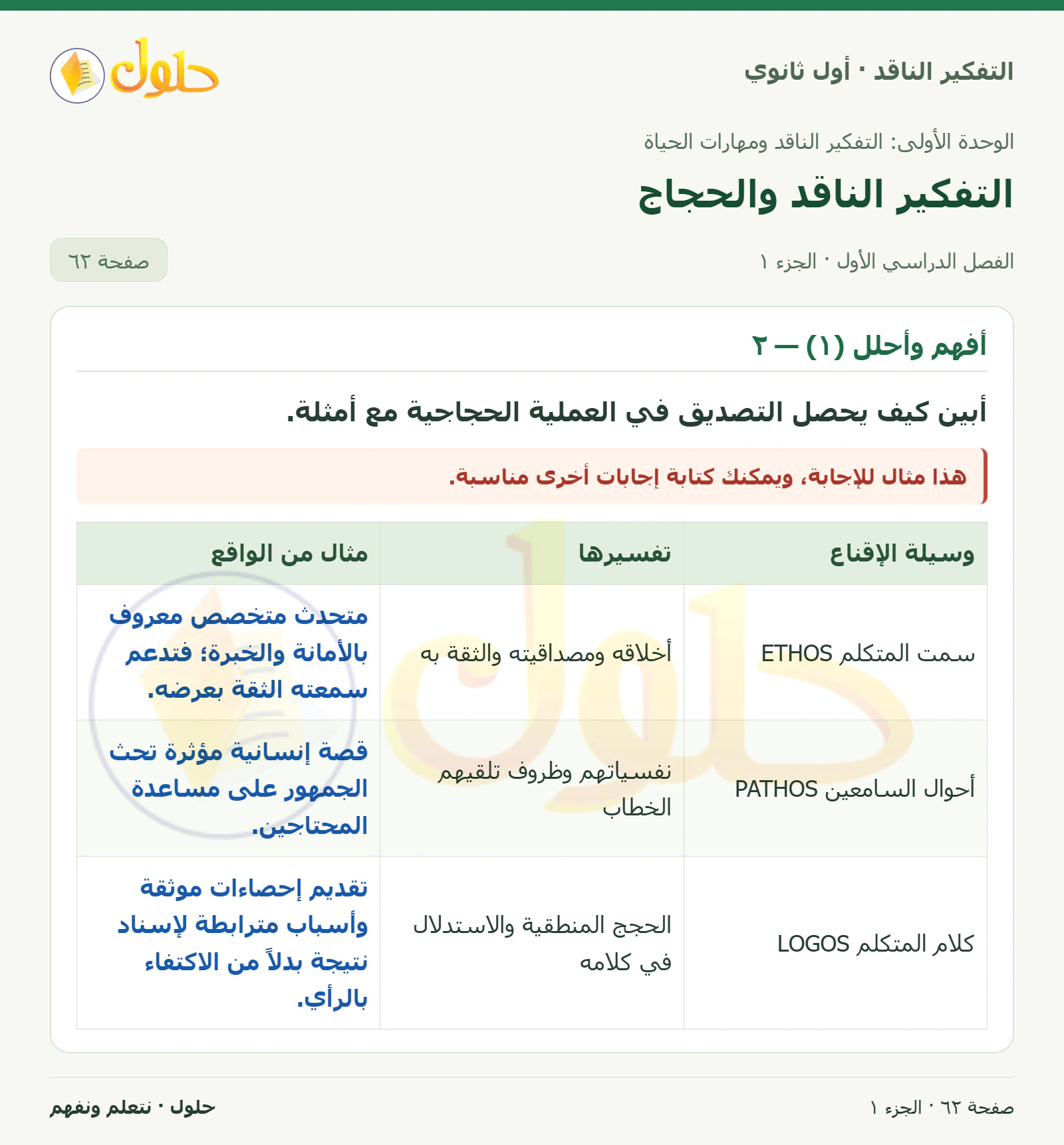 أفهم وأحلل (١) — ٢ صفحة ٦٢، الجزء ١، التفكير الناقد للصف الأول الثانوي