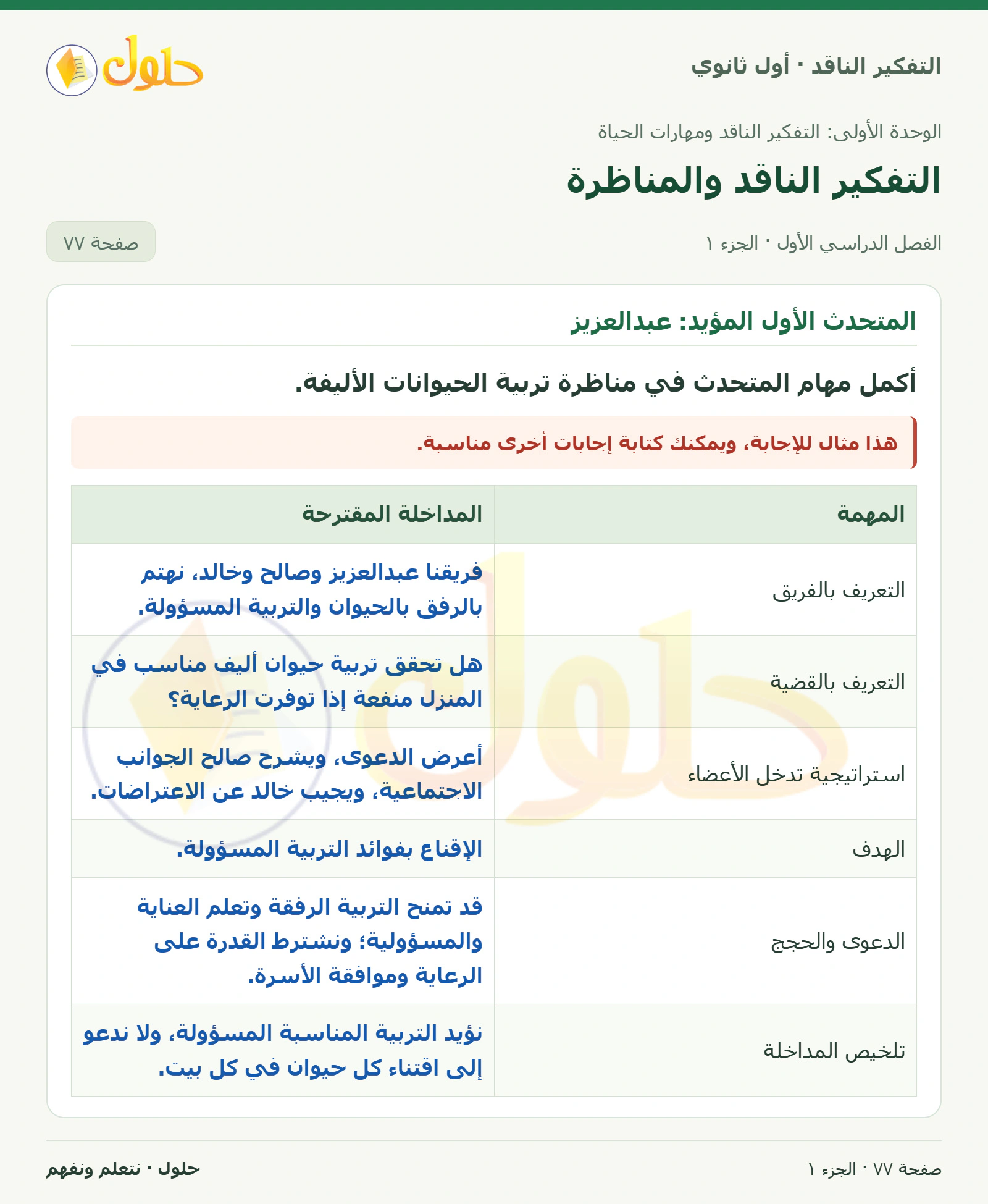 المتحدث الأول المؤيد: عبدالعزيز صفحة ٧٧، الجزء ١، التفكير الناقد للصف الأول الثانوي