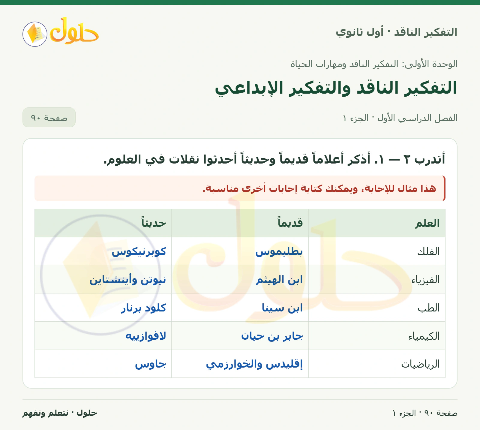 أتدرب صفحة ٩٠، الجزء ١، التفكير الناقد للصف الأول الثانوي