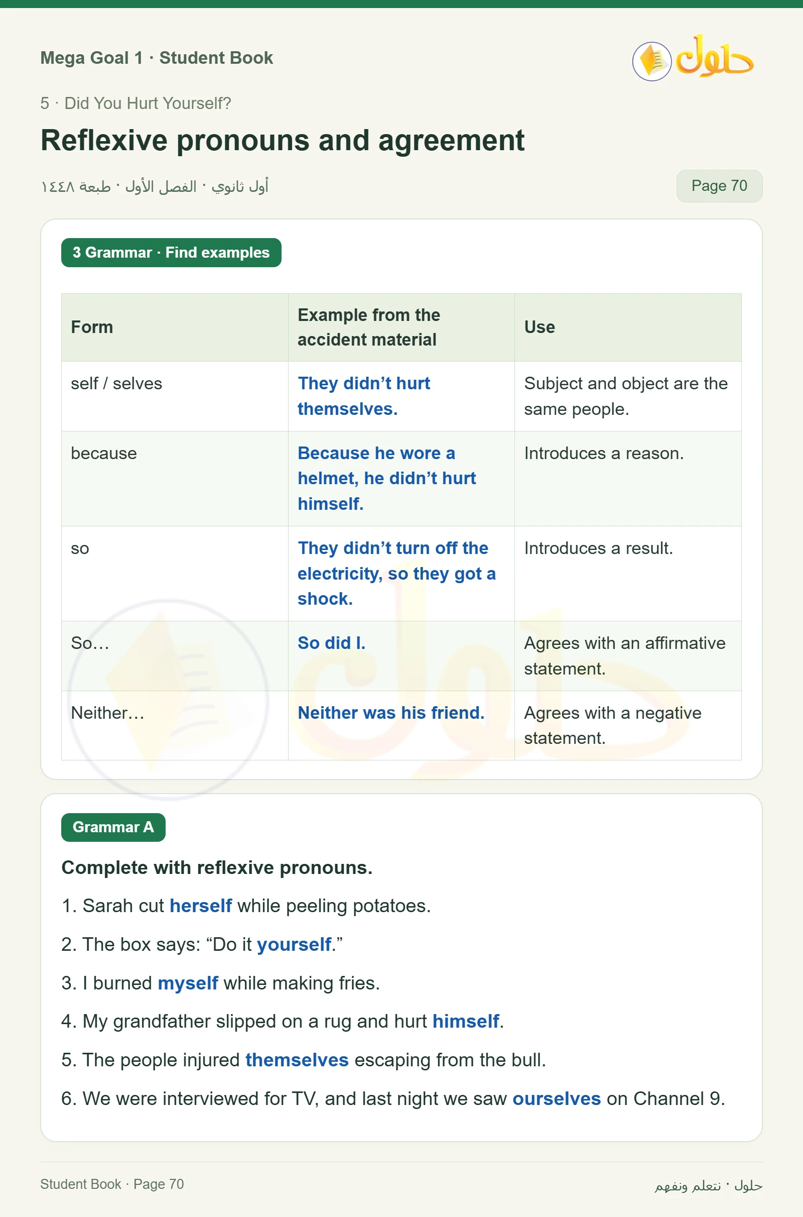 حل كتاب الطالب اللغة الإنجليزية Mega Goal 1 للصف الأول الثانوي الفصل الدراسي الأول صفحة 70
