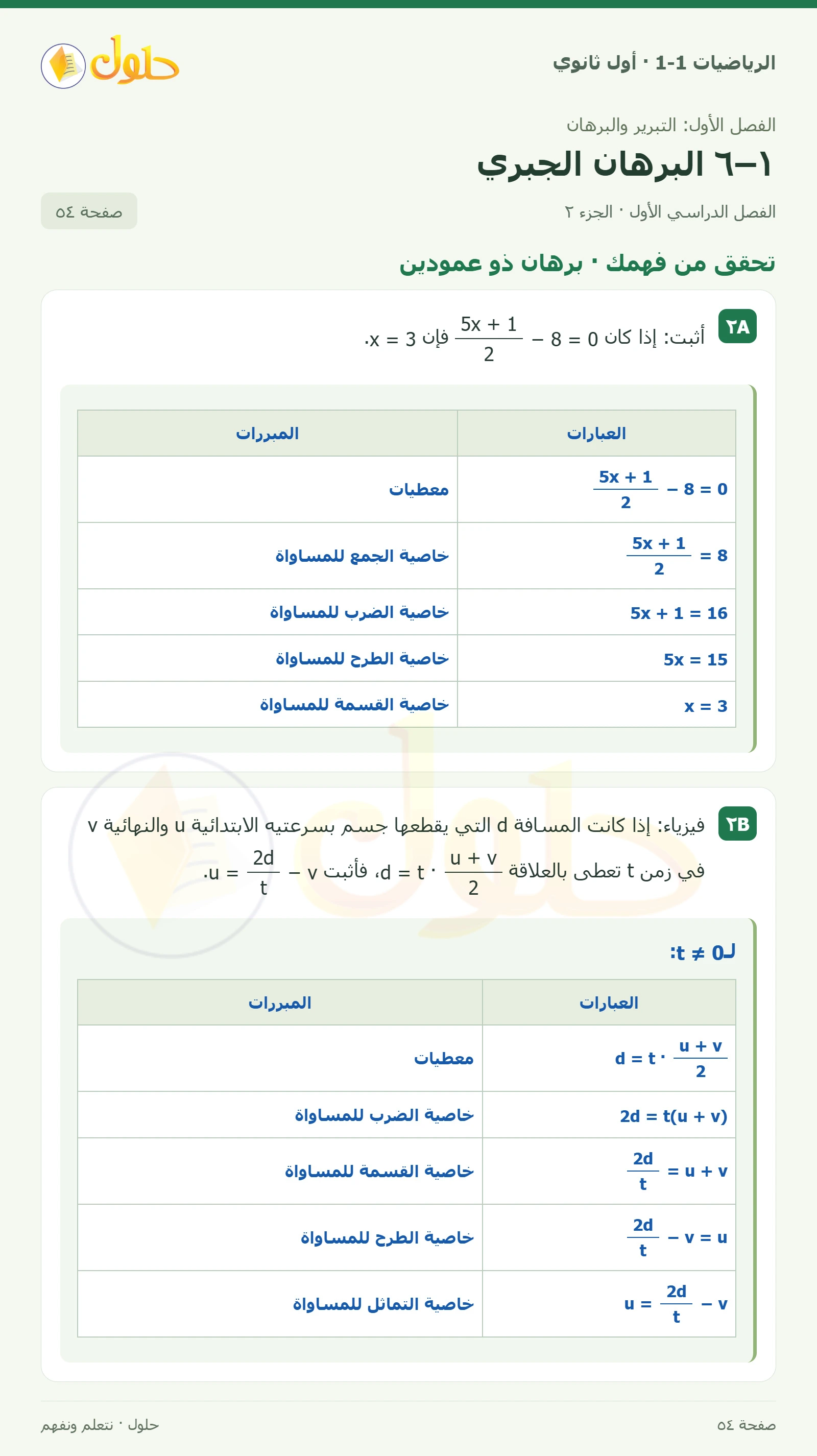 تحقق من فهمك · خصائص المساواة صفحة 54، الجزء 2
