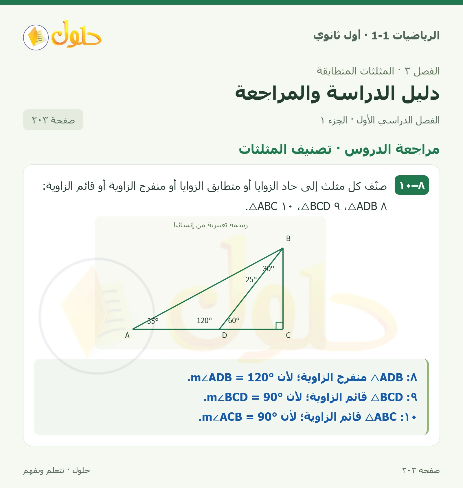 مراجعة الدروس · تصنيف المثلثات صفحة 203، الجزء 1