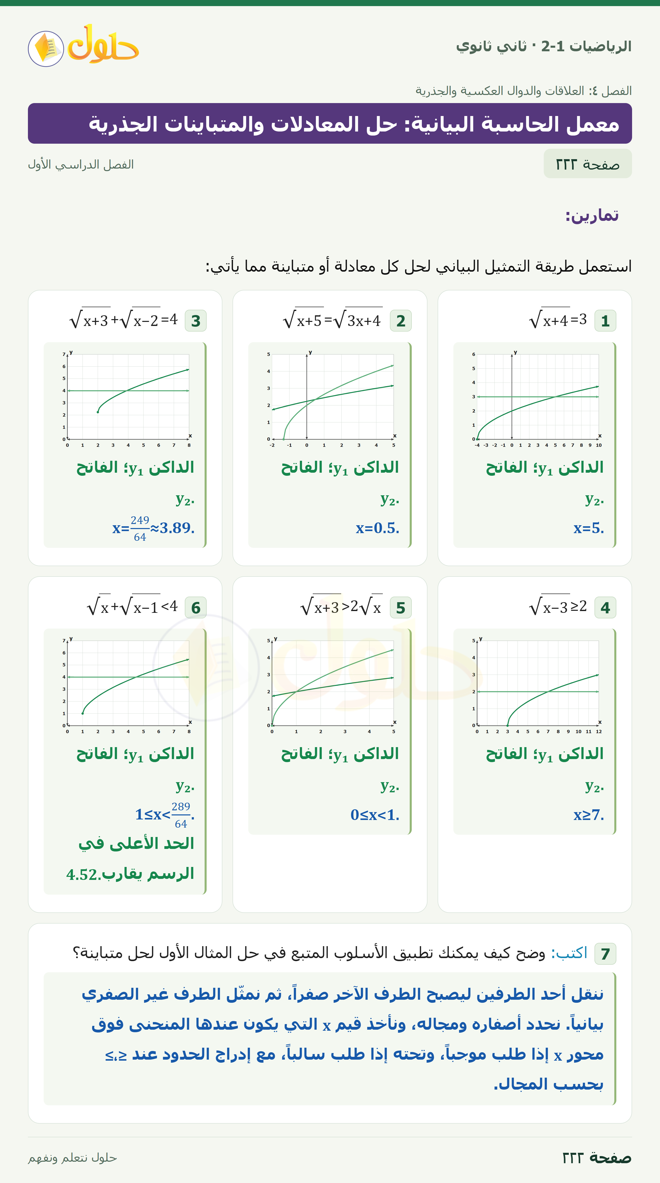 الرياضيات 2-1 · تمارين: · استعمل طريقة التمثيل البياني لحل كل معادلة أو متباينة مما يأتي · اكتب: · صفحة ٢٢٢