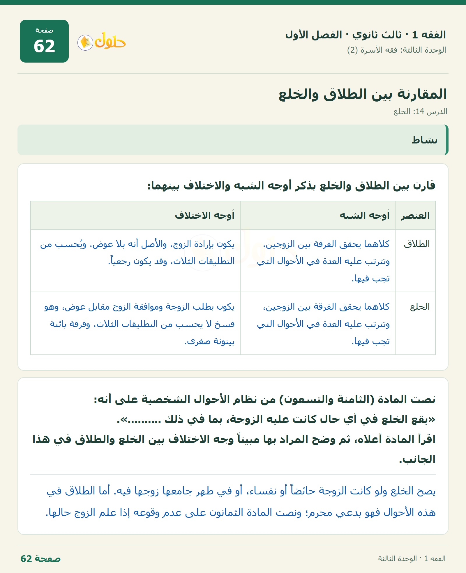 حل الفقه 1 ثالث ثانوي — الدرس 14: الخلع — صفحة 62