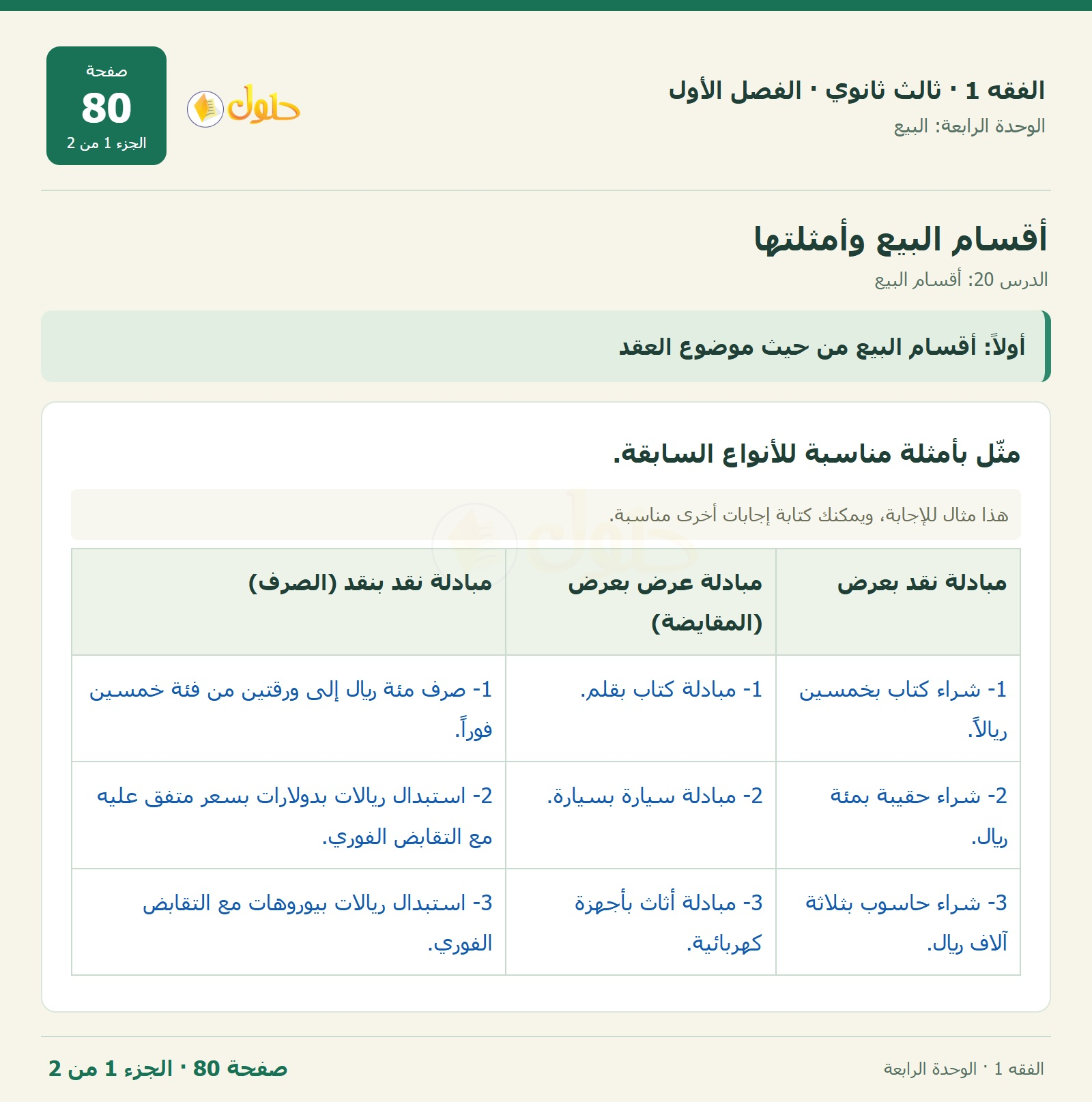 حل الفقه 1 ثالث ثانوي — الدرس 20: أقسام البيع — صفحة 80 — الجزء 1