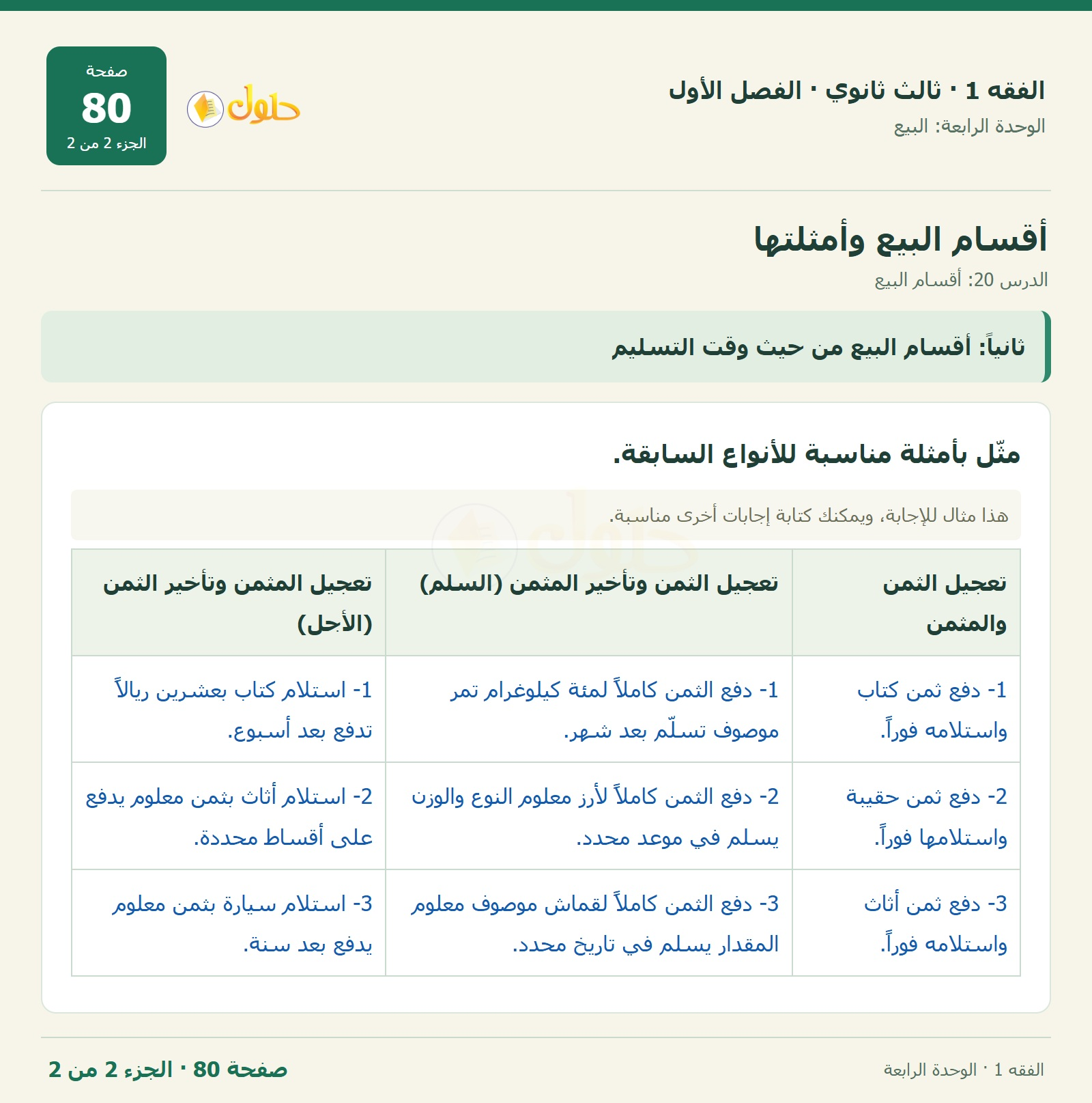 حل الفقه 1 ثالث ثانوي — الدرس 20: أقسام البيع — صفحة 80 — الجزء 2
