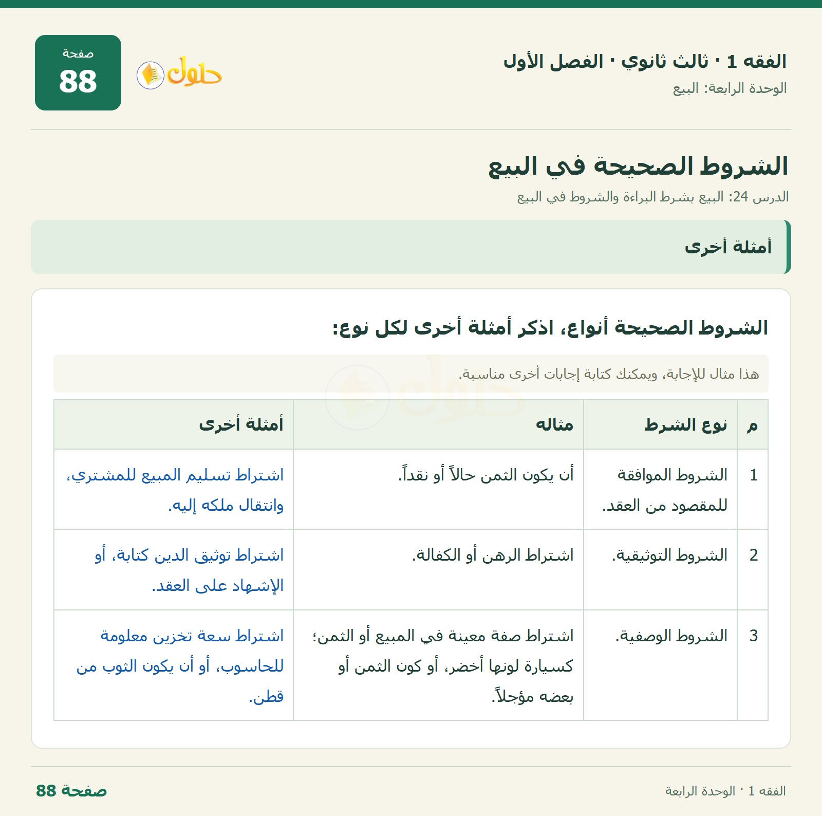 حل الفقه 1 ثالث ثانوي — الدرس 24: البيع بشرط البراءة والشروط في البيع — صفحة 88