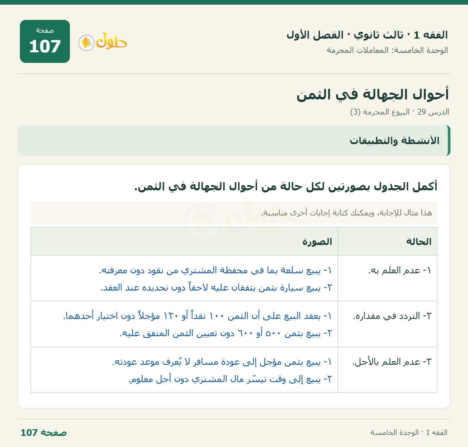 حل الفقه 1 ثالث ثانوي — الدرس 29 · البيوع المحرمة (3) — صفحة 107