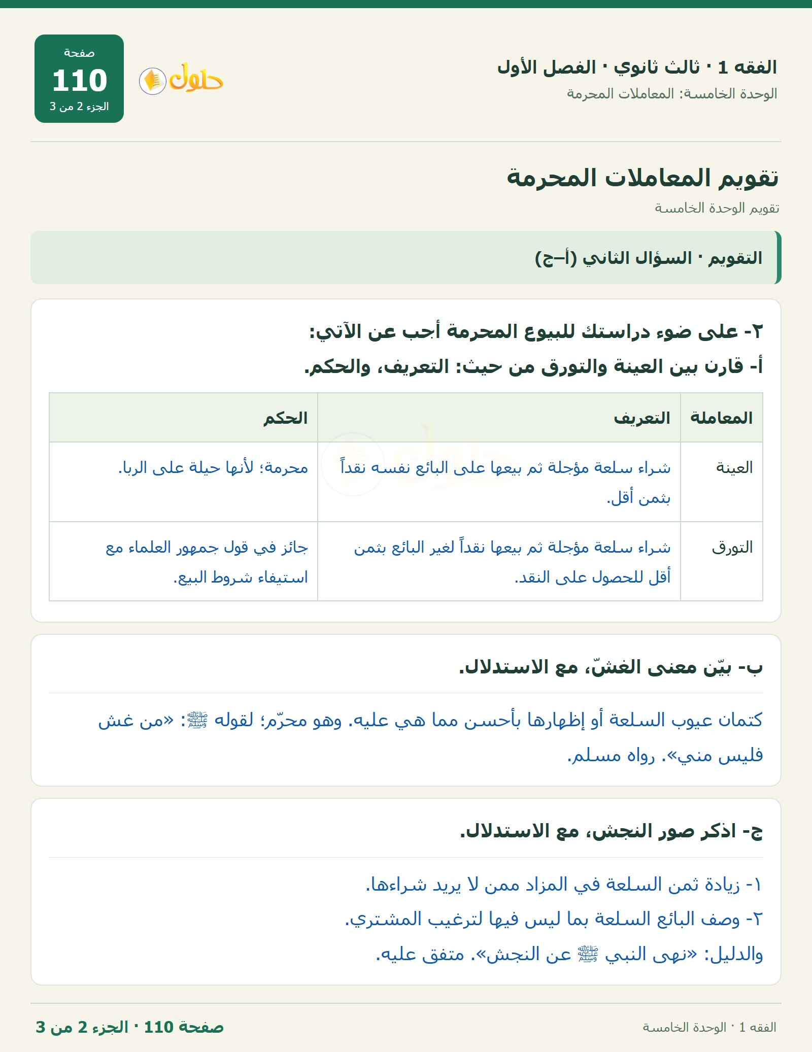 حل الفقه 1 ثالث ثانوي — تقويم الوحدة الخامسة — صفحة 110 — الجزء 2