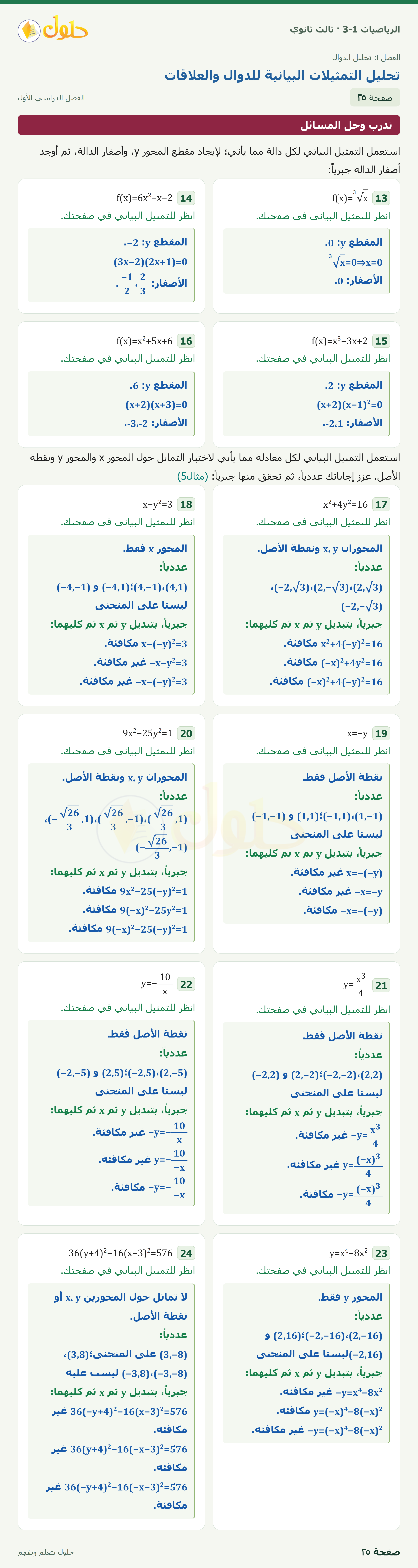 حل الرياضيات 3-1 ثالث ثانوي — 1-2 تحليل التمثيلات البيانية للدوال والعلاقات — صفحة ٢٥ — الجزء ١
