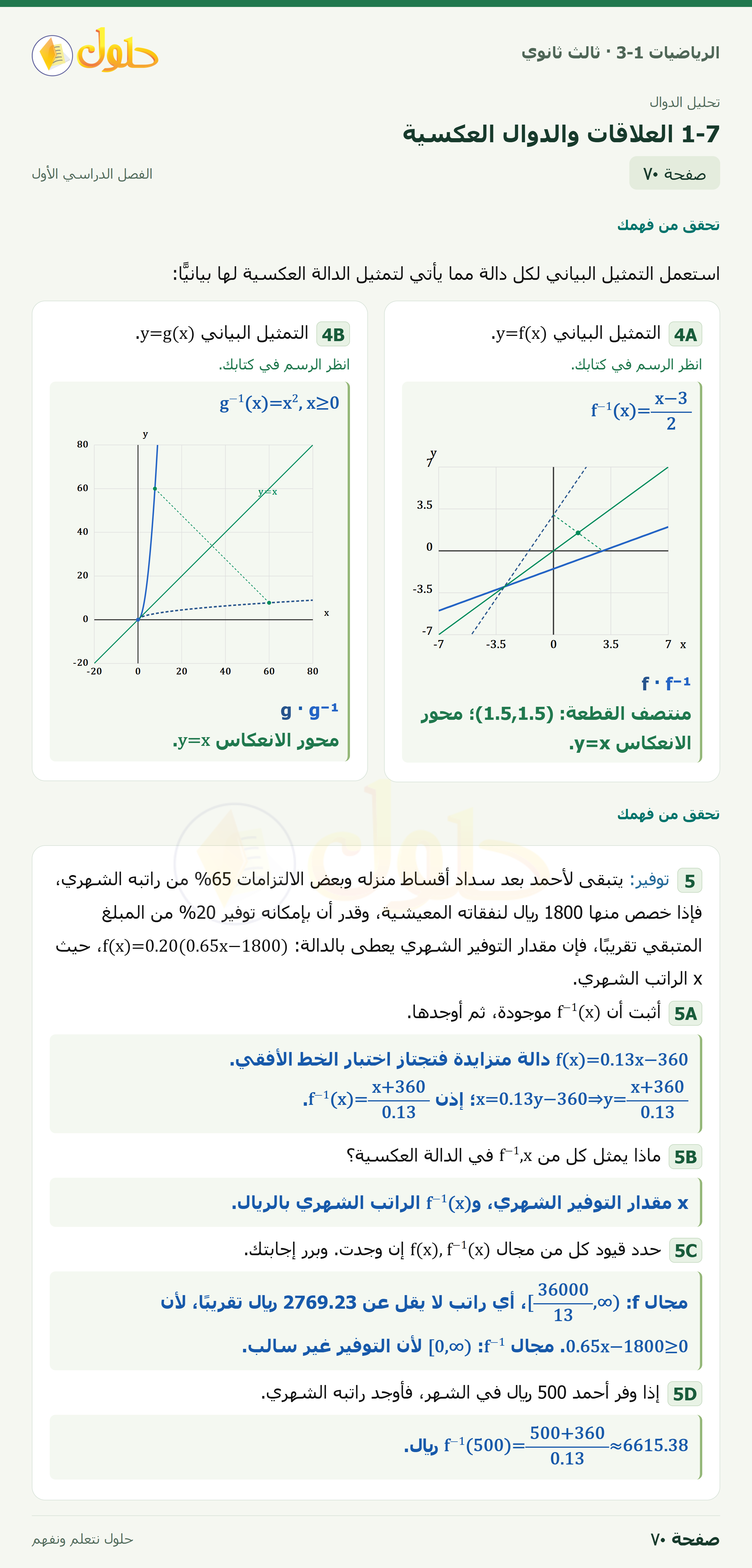 حل الرياضيات 3-1 ثالث ثانوي — 1-7 العلاقات والدوال العكسية — صفحة ٧٠