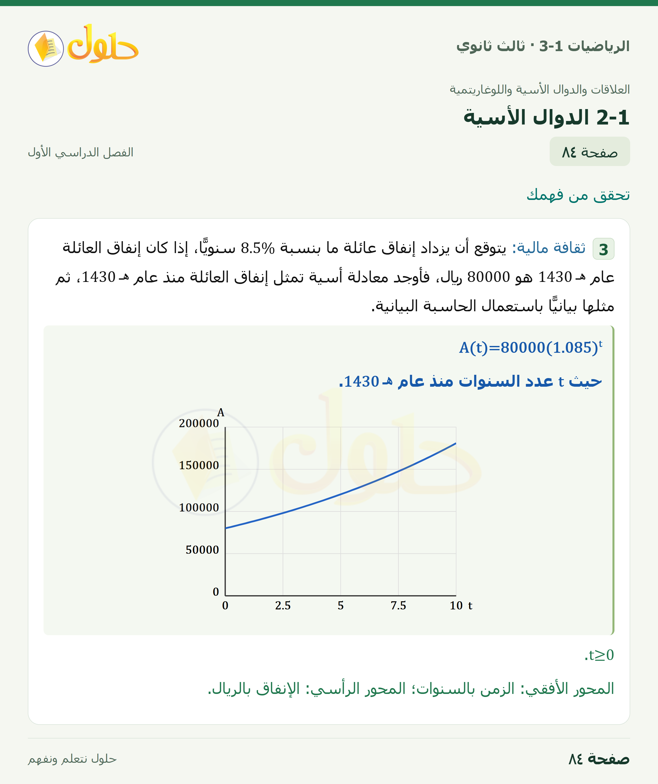 حل الرياضيات 3-1 ثالث ثانوي — 2-1 الدوال الأسية — صفحة ٨٤