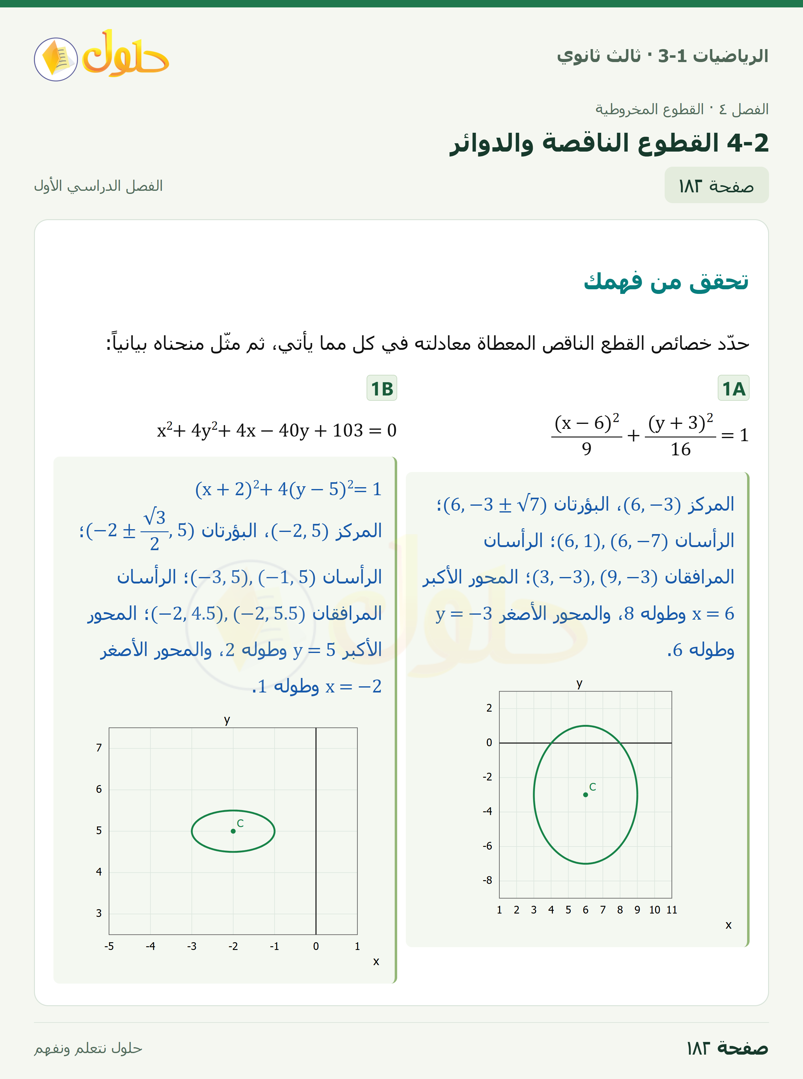 حل الرياضيات 3-1 ثالث ثانوي — 4-2 القطوع الناقصة والدوائر — صفحة ١٨٢