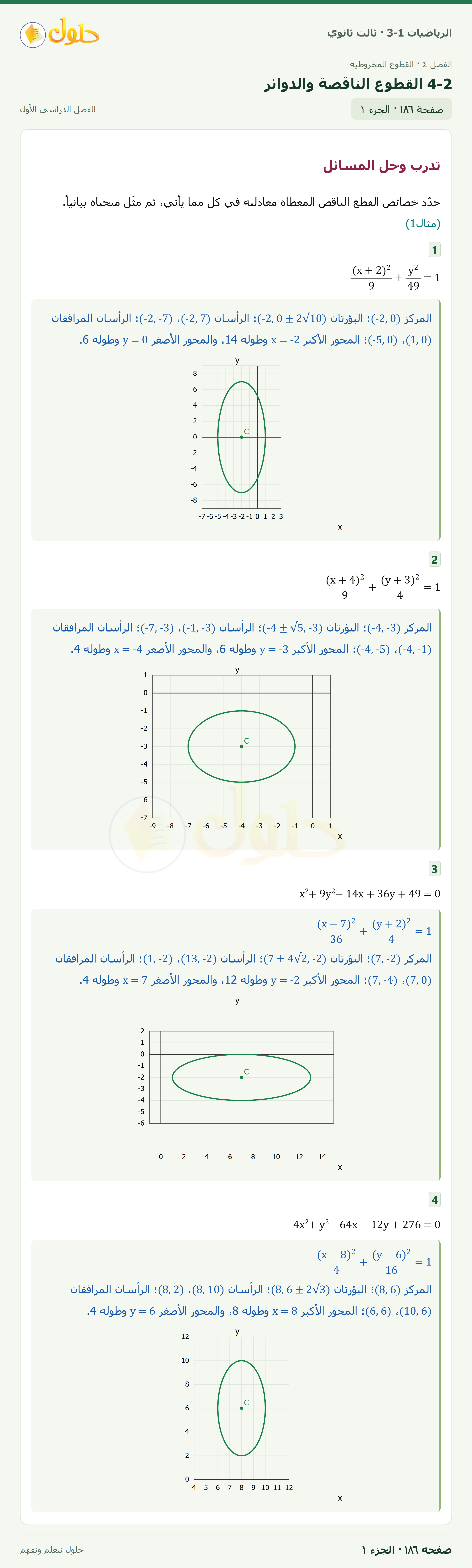 حل الرياضيات 3-1 ثالث ثانوي — 4-2 القطوع الناقصة والدوائر — صفحة ١٨٦ — الجزء ١
