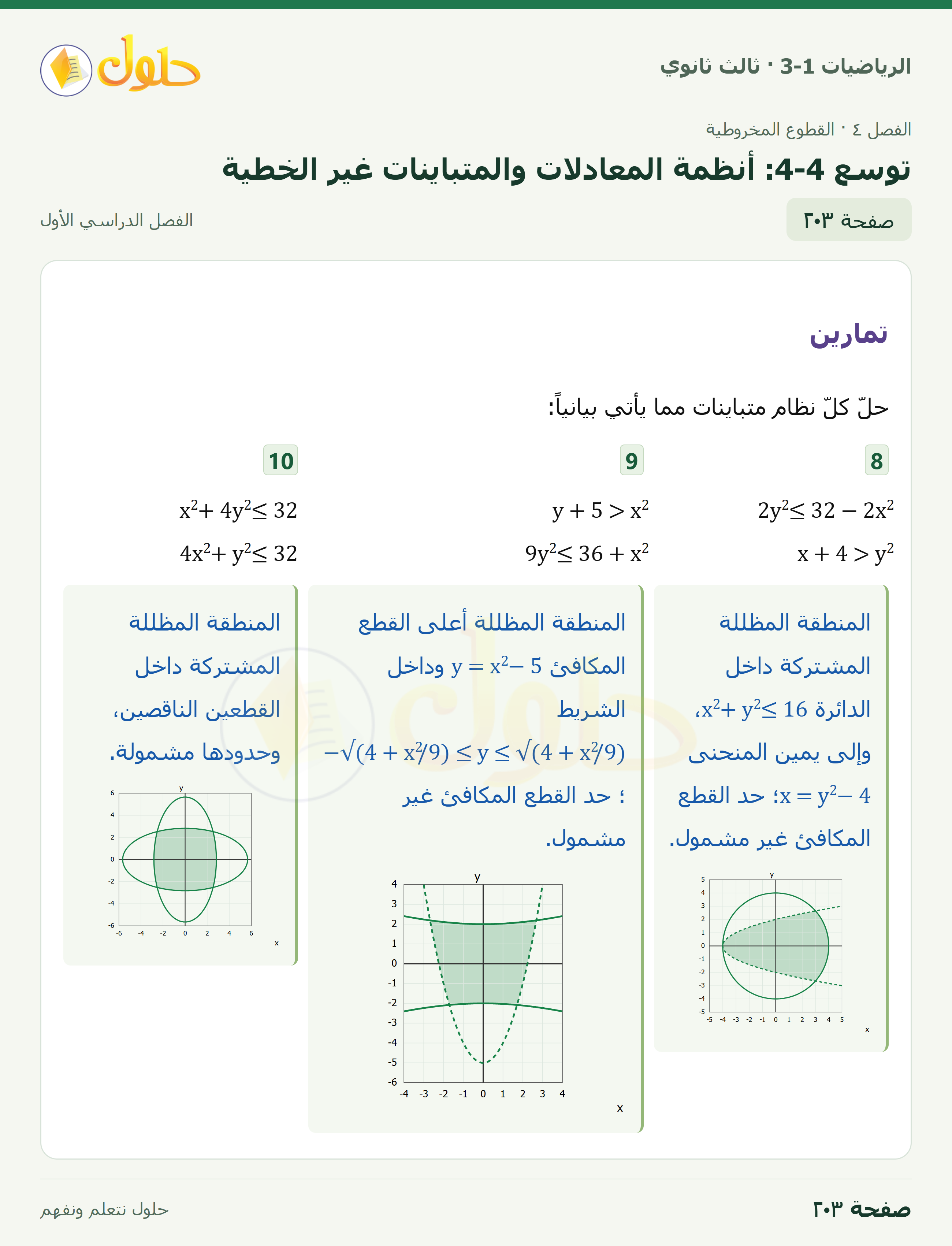 حل الرياضيات 3-1 ثالث ثانوي — توسع 4-4: أنظمة المعادلات والمتباينات غير الخطية — صفحة ٢٠٣