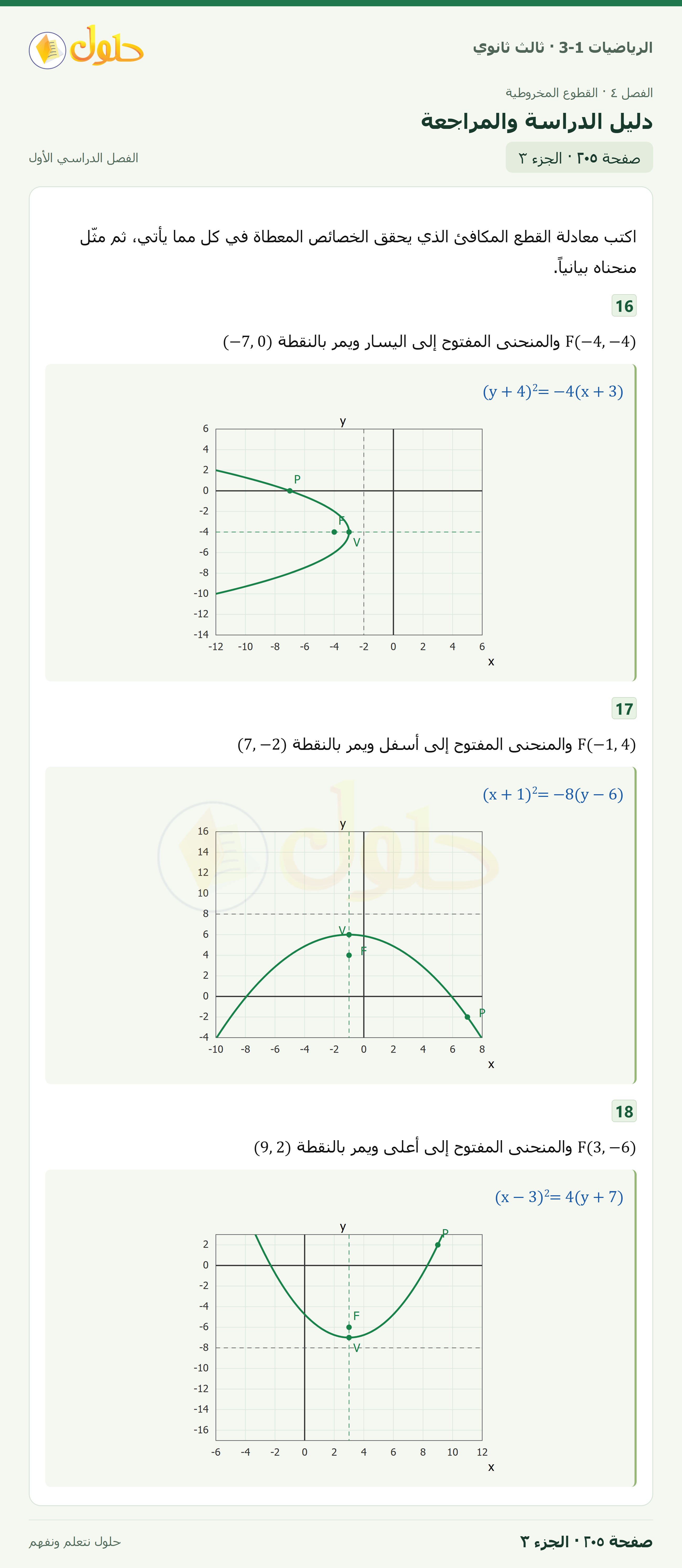 حل الرياضيات 3-1 ثالث ثانوي — دليل الدراسة والمراجعة — صفحة ٢٠٥ — الجزء ٣