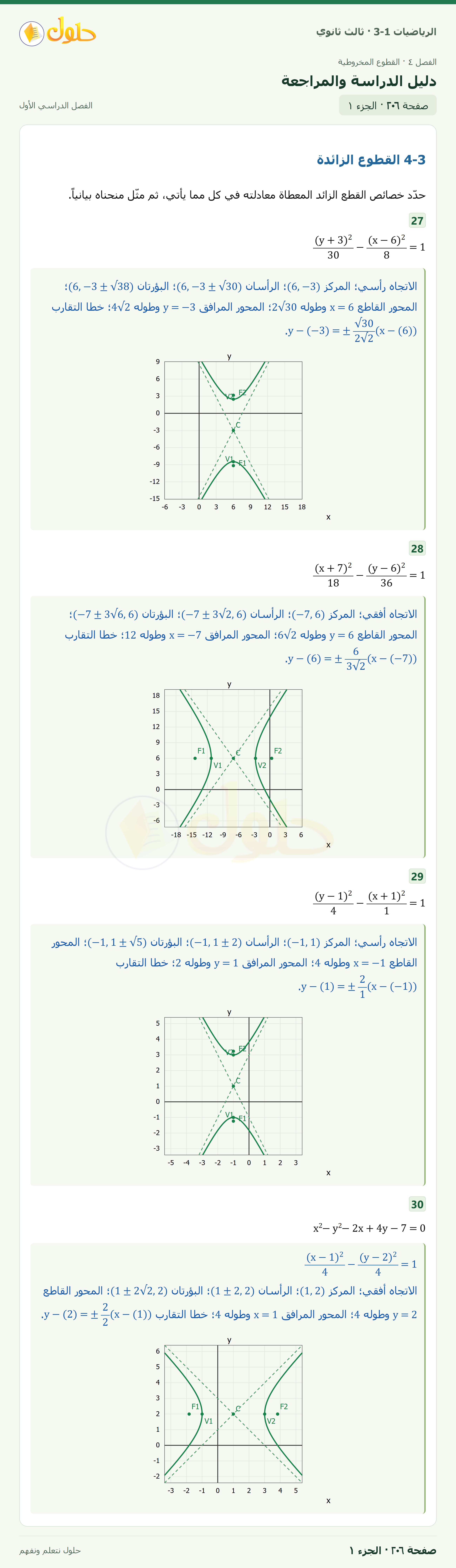 حل الرياضيات 3-1 ثالث ثانوي — دليل الدراسة والمراجعة — صفحة ٢٠٦ — الجزء ١
