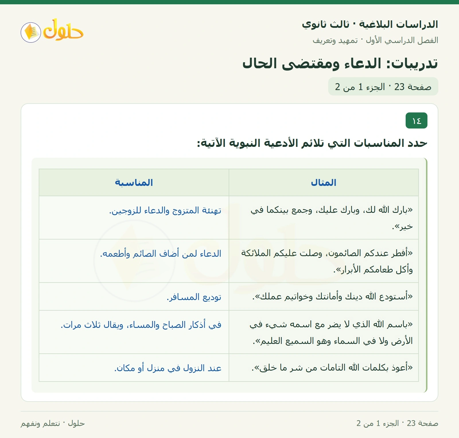 حل الدراسات البلاغية ثالث ثانوي صفحة 23 — تدريبات: الدعاء ومقتضى الحال — الجزء 1 من 2
