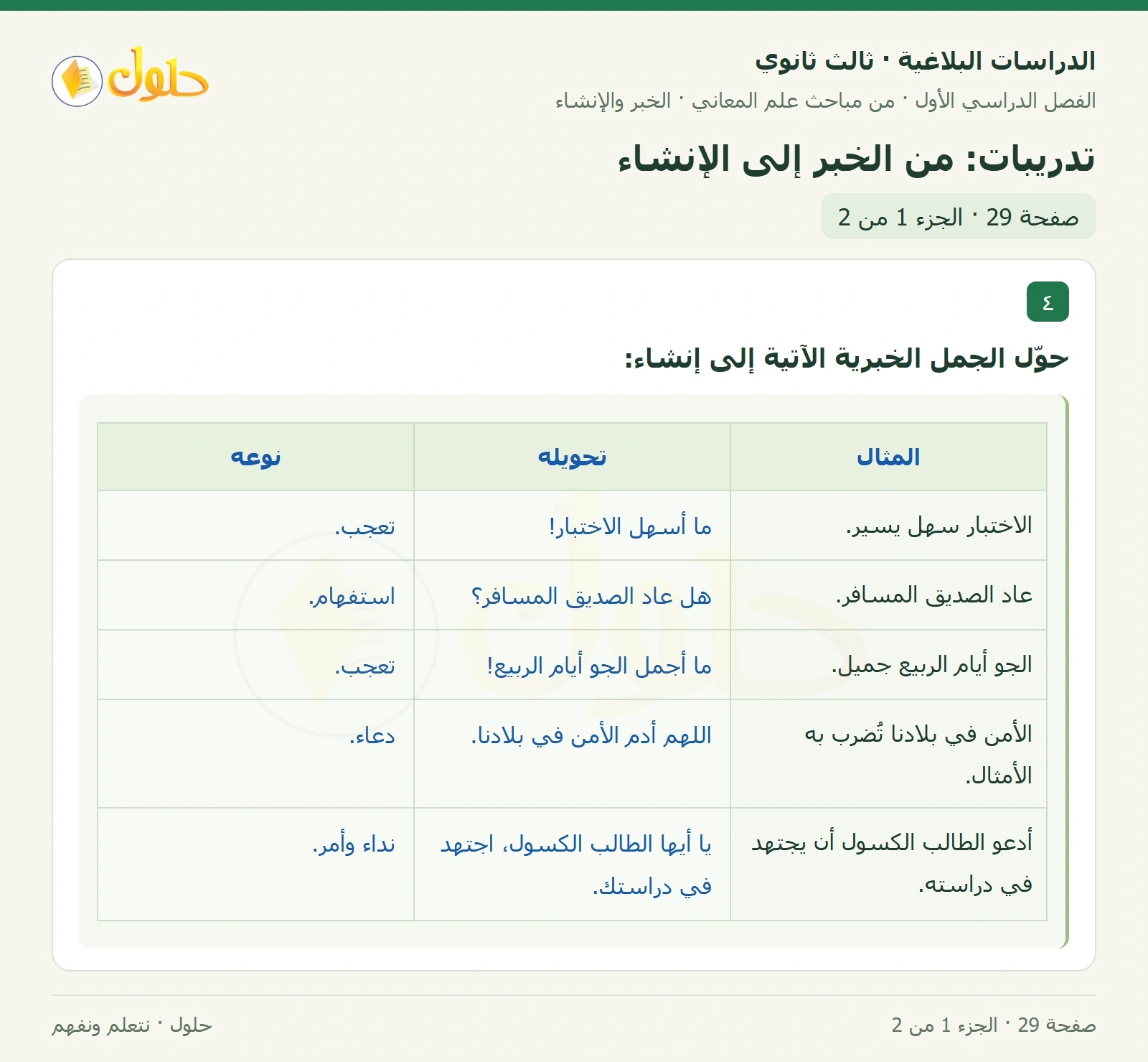 حل الدراسات البلاغية ثالث ثانوي صفحة 29 — تدريبات: من الخبر إلى الإنشاء — الجزء 1 من 2