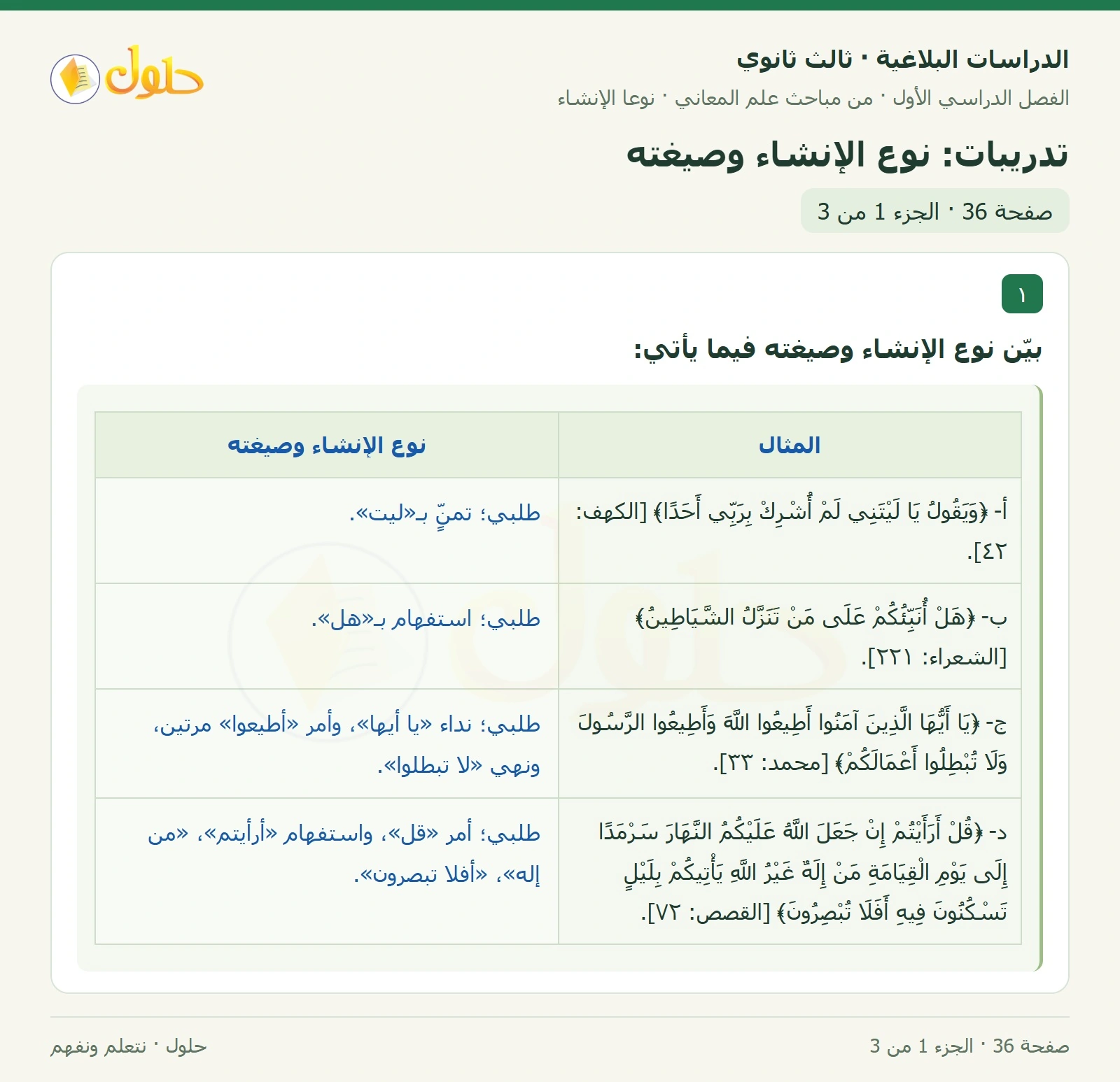 حل الدراسات البلاغية ثالث ثانوي صفحة 36 — تدريبات: نوع الإنشاء وصيغته — الجزء 1 من 3