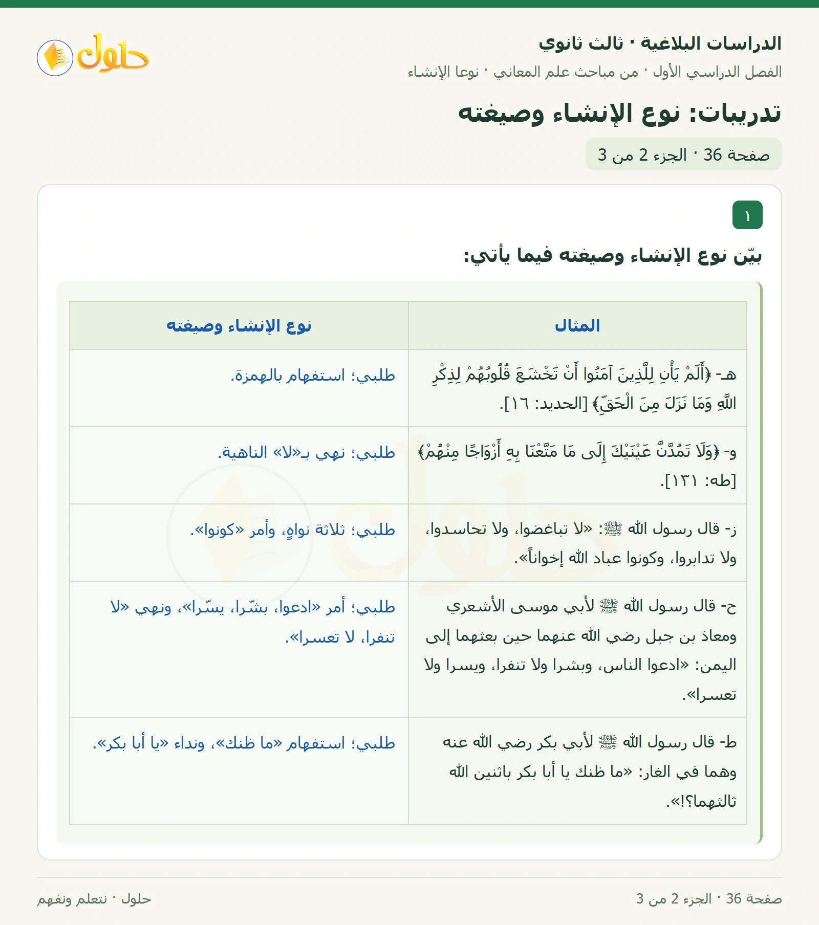 حل الدراسات البلاغية ثالث ثانوي صفحة 36 — تدريبات: نوع الإنشاء وصيغته — الجزء 2 من 3
