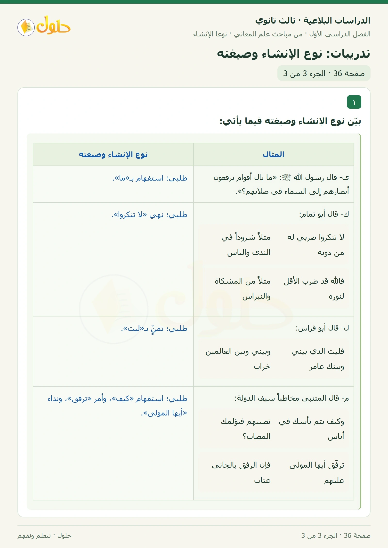 حل الدراسات البلاغية ثالث ثانوي صفحة 36 — تدريبات: نوع الإنشاء وصيغته — الجزء 3 من 3