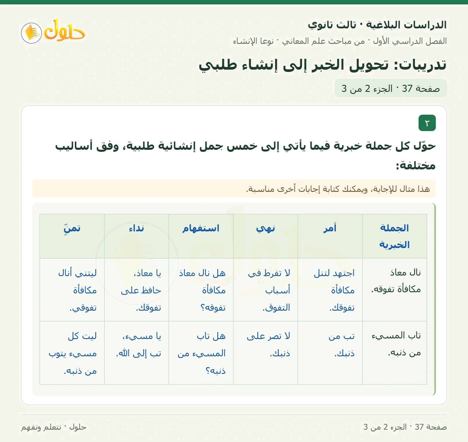 حل الدراسات البلاغية ثالث ثانوي صفحة 37 — تدريبات: تحويل الخبر إلى إنشاء طلبي — الجزء 2 من 3