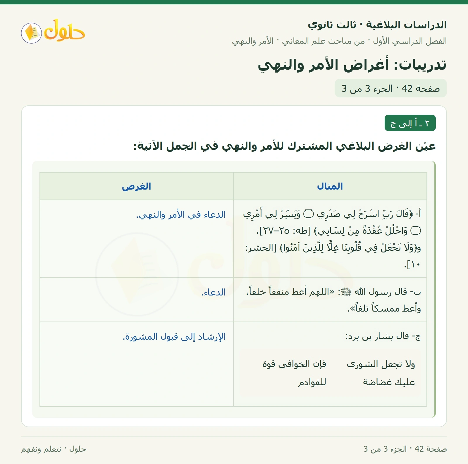 حل الدراسات البلاغية ثالث ثانوي صفحة 42 — تدريبات: أغراض الأمر والنهي — الجزء 3 من 3