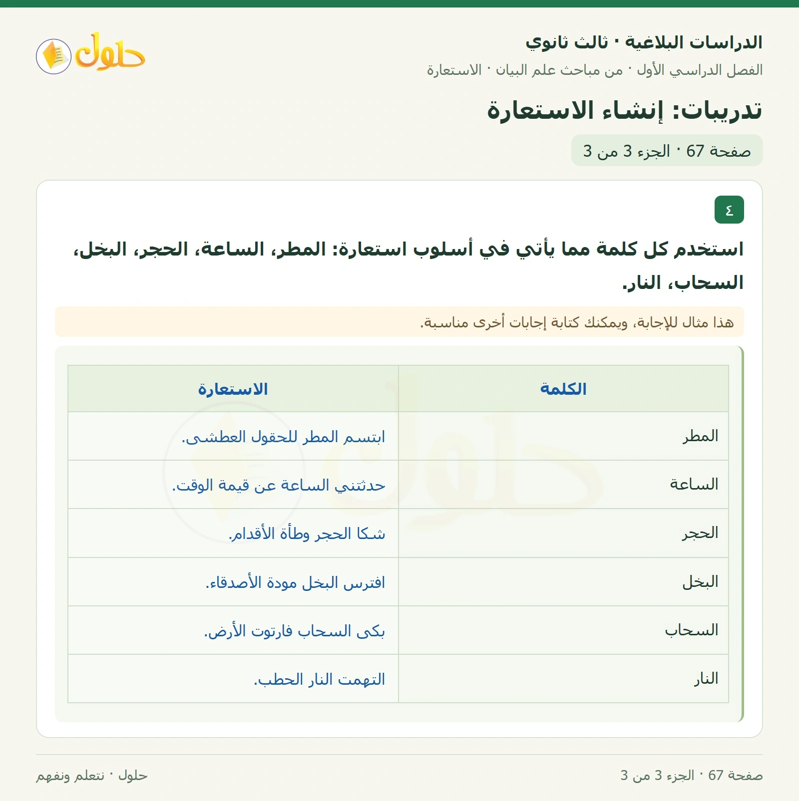 حل الدراسات البلاغية ثالث ثانوي صفحة 67 — تدريبات: إنشاء الاستعارة — الجزء 3 من 3