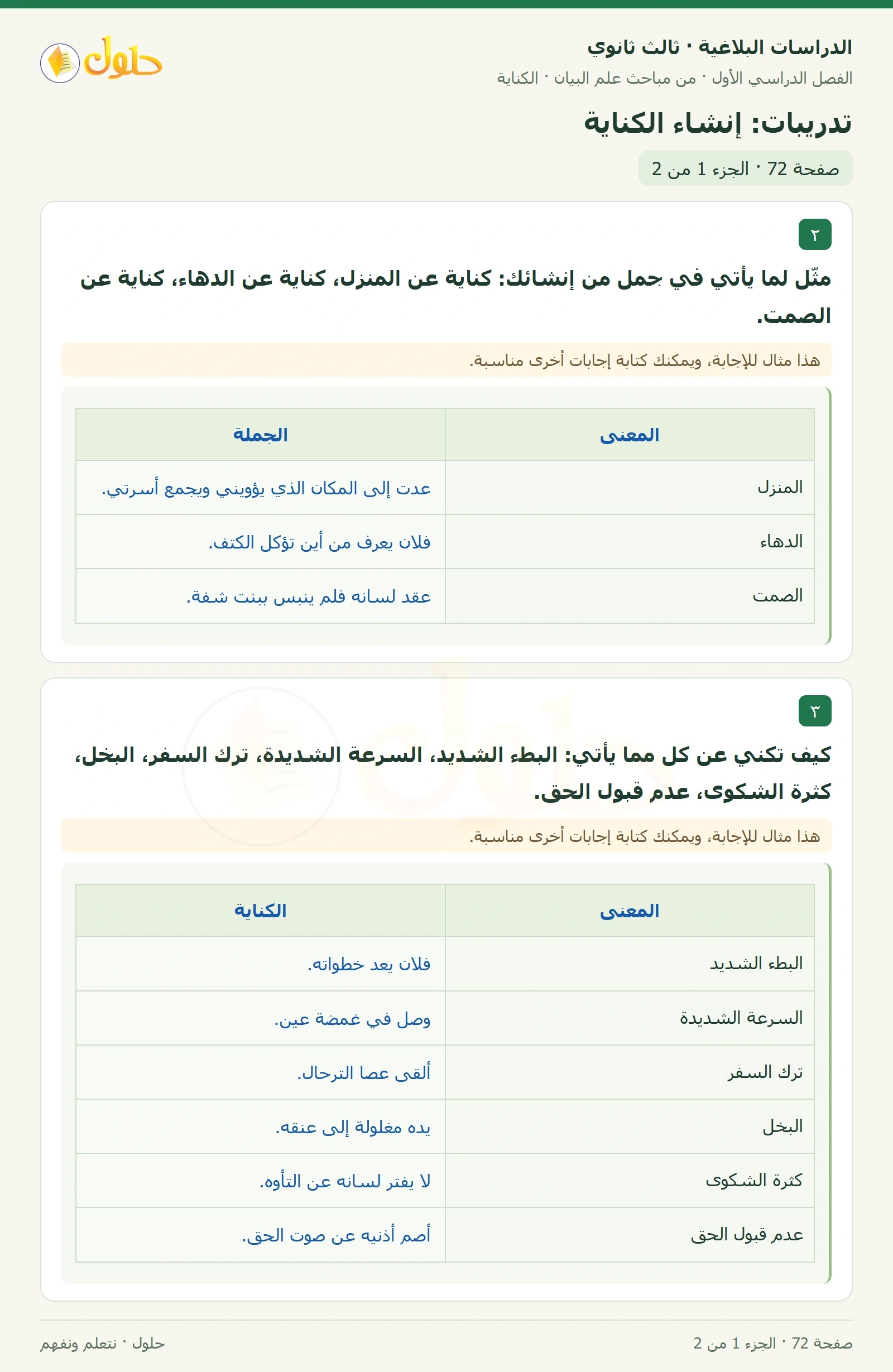 حل الدراسات البلاغية ثالث ثانوي صفحة 72 — تدريبات: إنشاء الكناية — الجزء 1 من 2