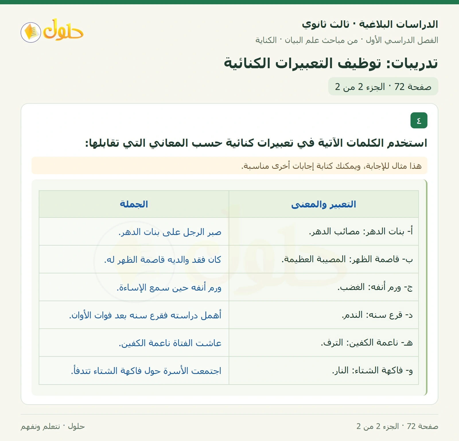 حل الدراسات البلاغية ثالث ثانوي صفحة 72 — تدريبات: توظيف التعبيرات الكنائية — الجزء 2 من 2