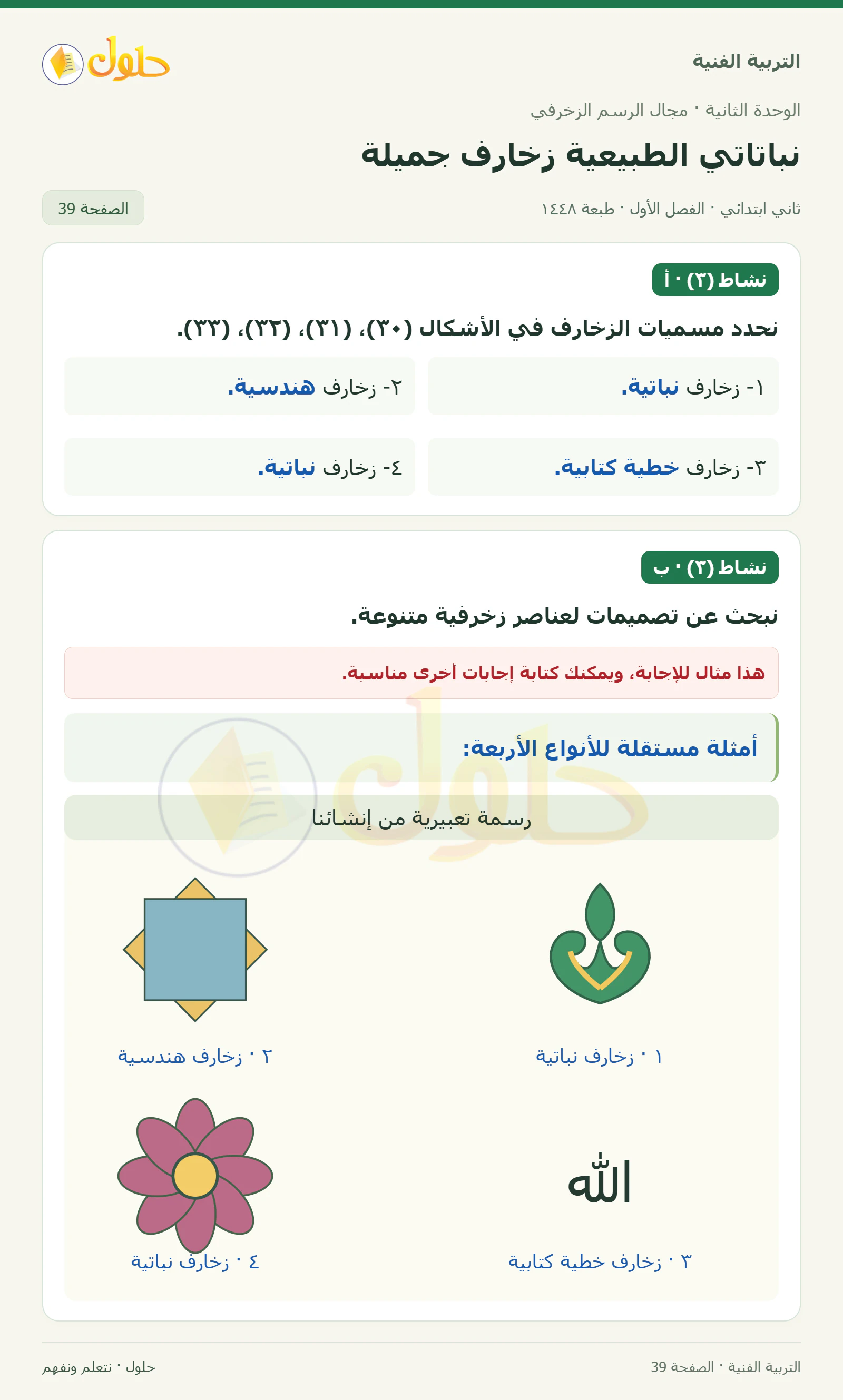 حل التربية الفنية للصف الثاني الابتدائي صفحة 39