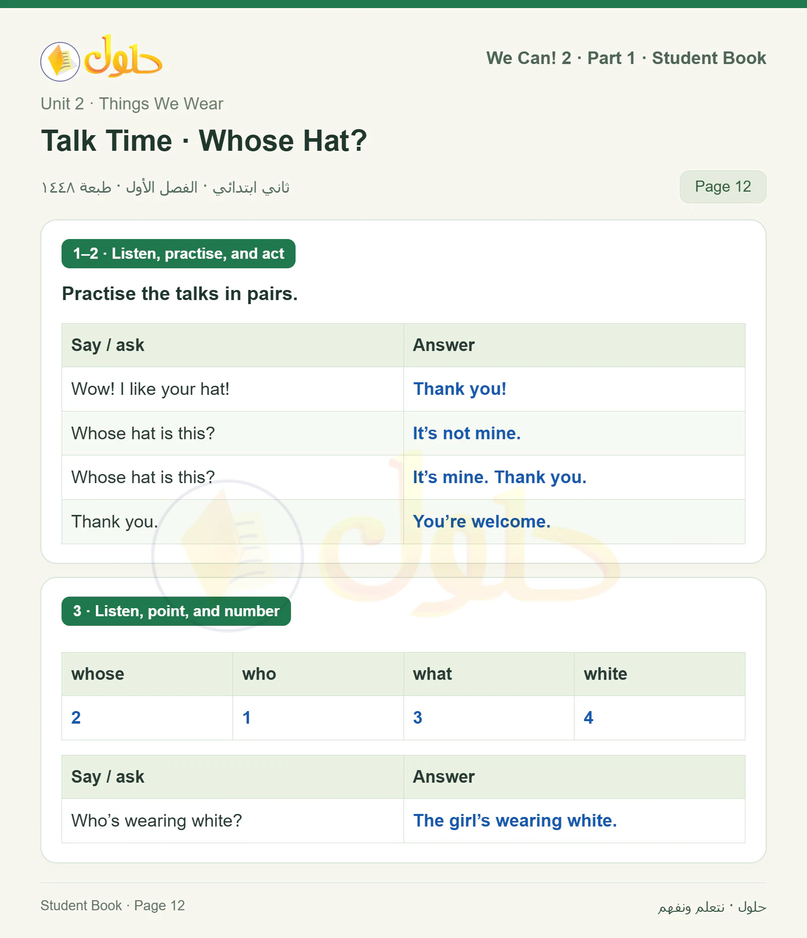 حل اللغة الإنجليزية للصف الثاني الابتدائي، كتاب الطالب، Talk Time · Whose Hat?، صفحة ١٢، الجزء ١