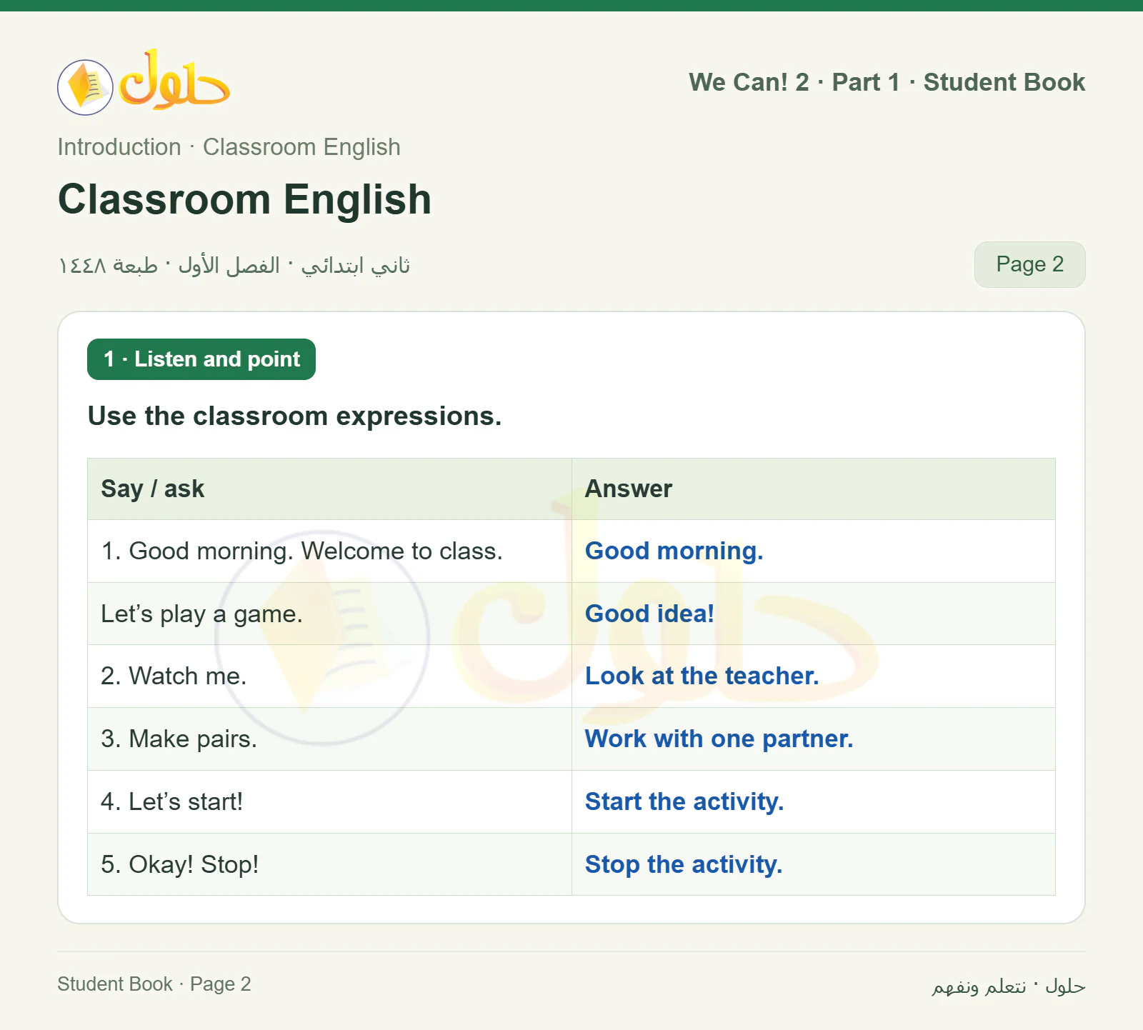 حل اللغة الإنجليزية للصف الثاني الابتدائي، كتاب الطالب، Classroom English، صفحة ٢، الجزء ١