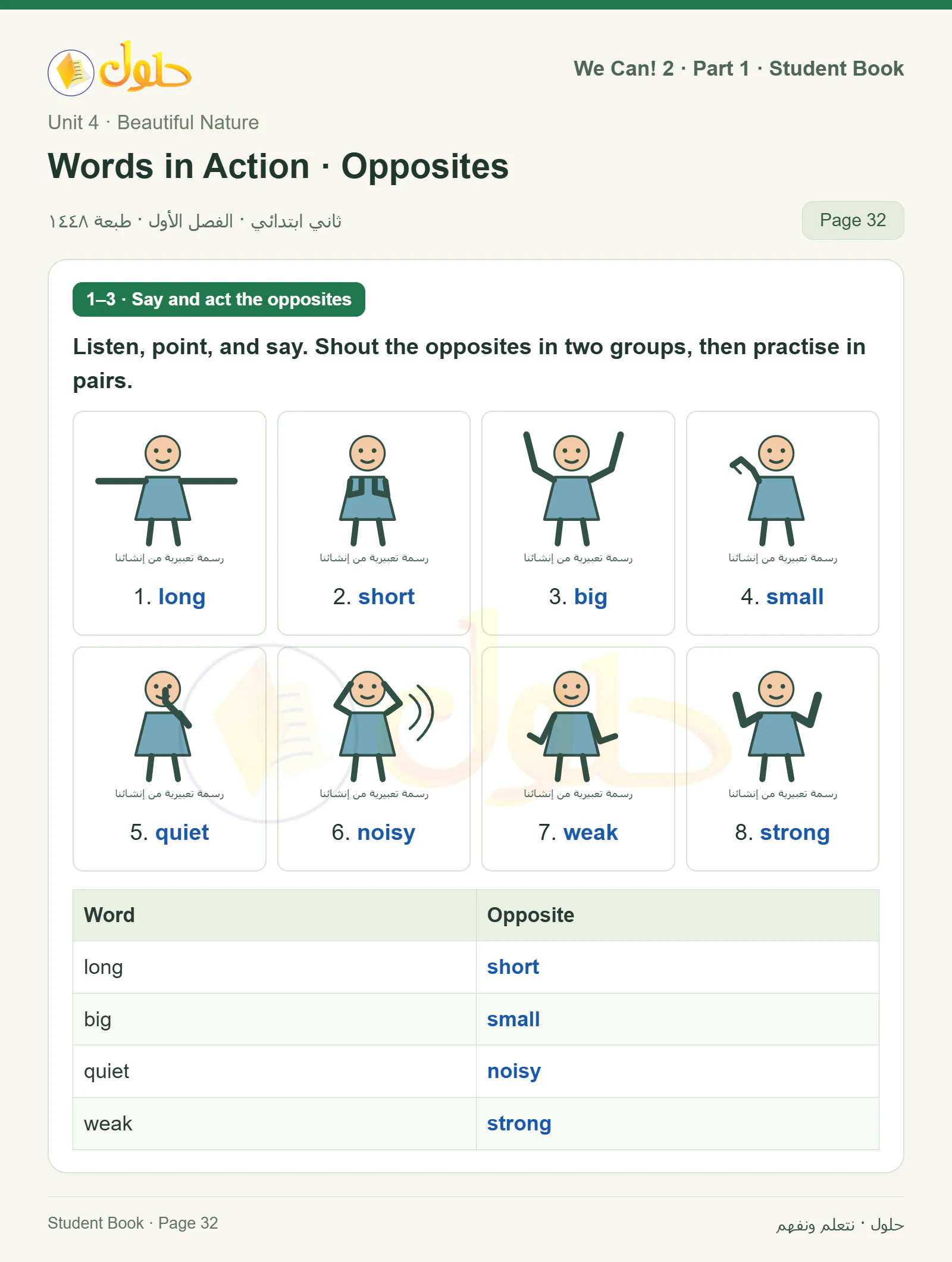 حل اللغة الإنجليزية للصف الثاني الابتدائي، كتاب الطالب، Words in Action · Opposites، صفحة ٣٢، الجزء ١