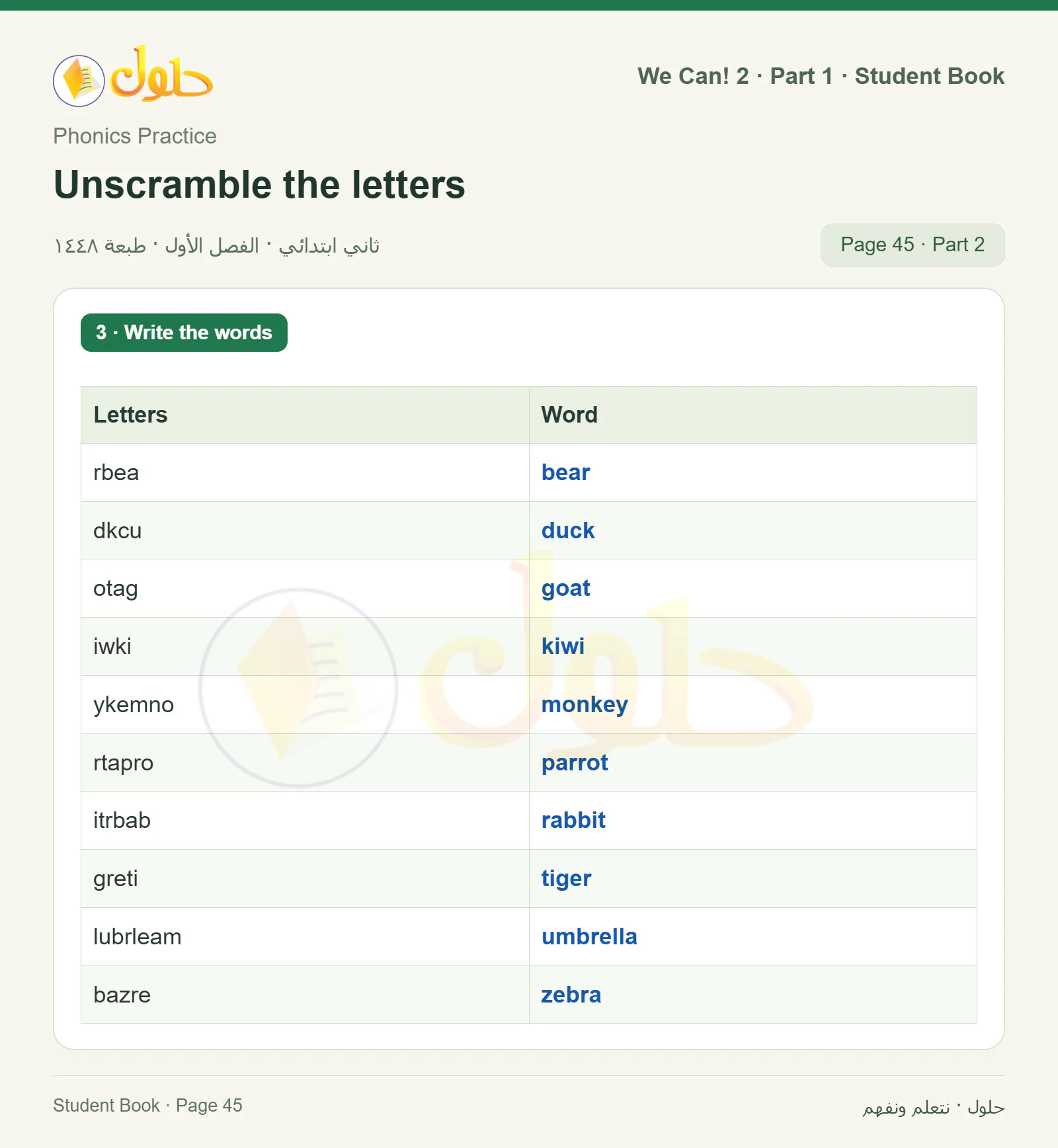 حل اللغة الإنجليزية للصف الثاني الابتدائي، كتاب الطالب، Phonics: S–Z / Unscramble the letters، صفحة ٤٥، الجزء ٢