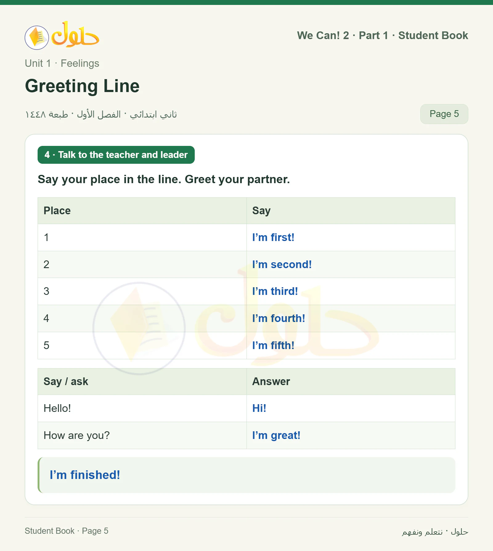 حل اللغة الإنجليزية للصف الثاني الابتدائي، كتاب الطالب، Greeting Line، صفحة ٥، الجزء ١