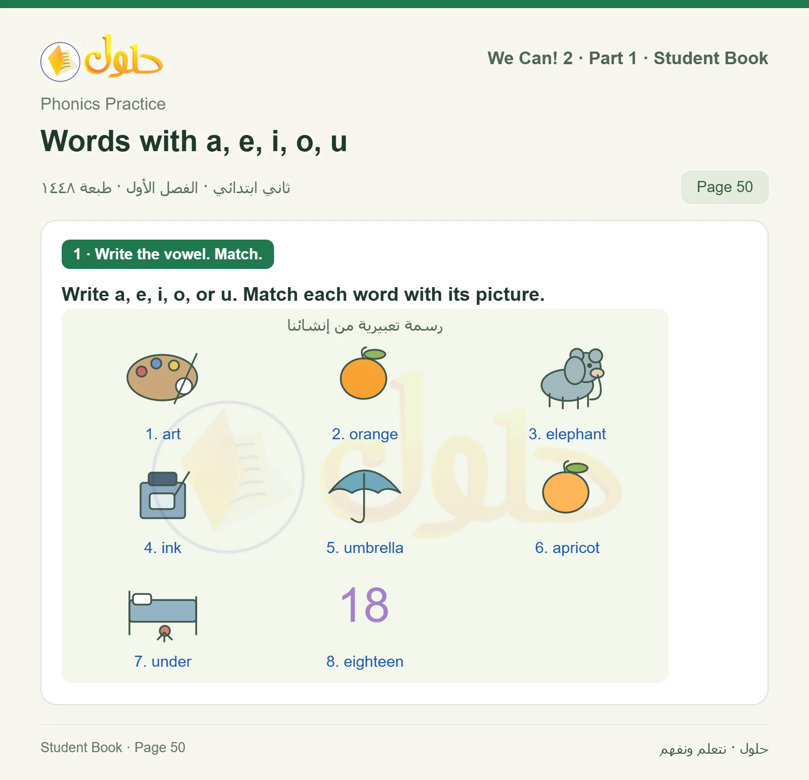 حل اللغة الإنجليزية للصف الثاني الابتدائي، كتاب الطالب، Words with a, e, i, o, u / Vowel sounds and pictures، صفحة ٥٠، الجزء ١